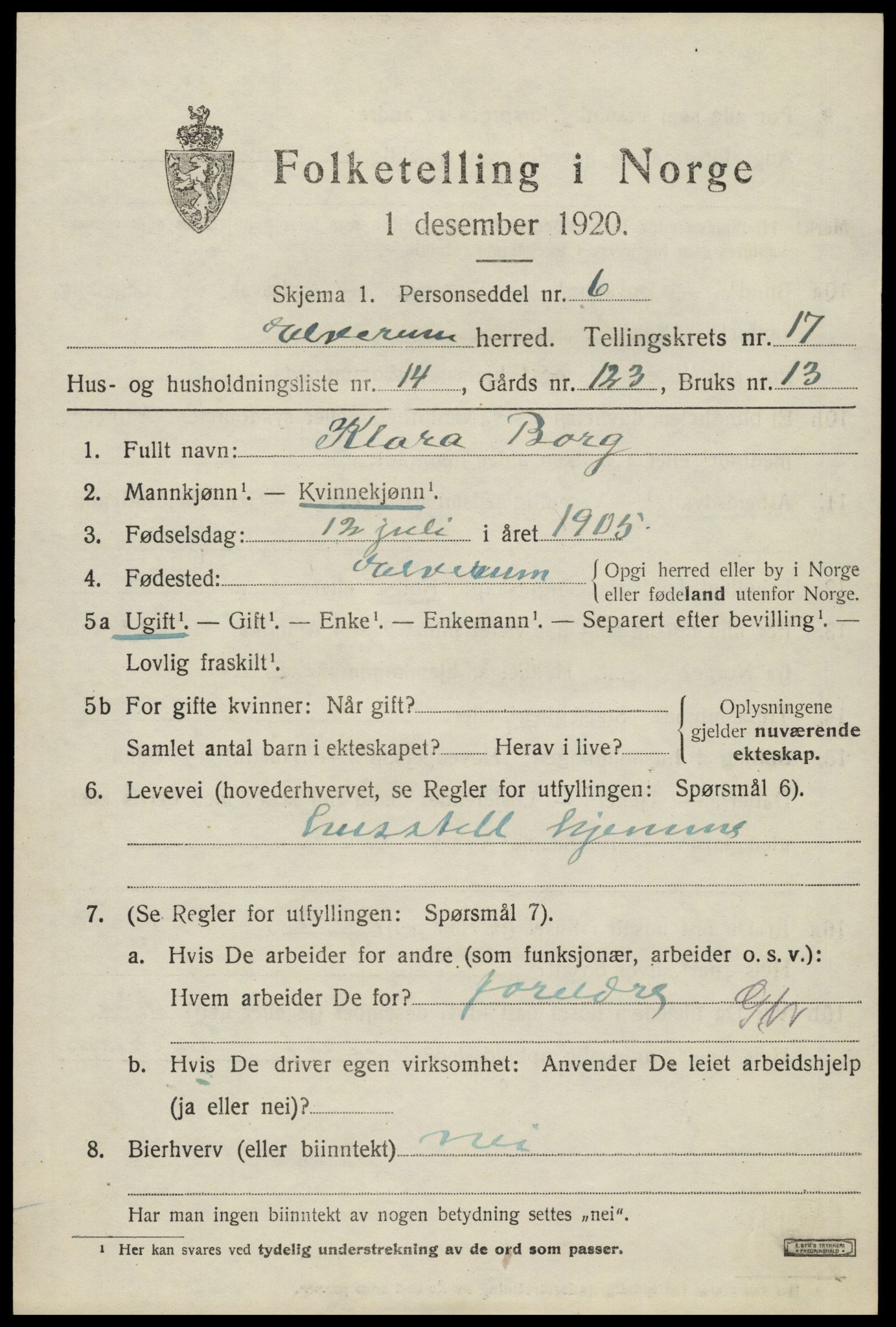 SAH, 1920 census for Elverum, 1920, p. 21442