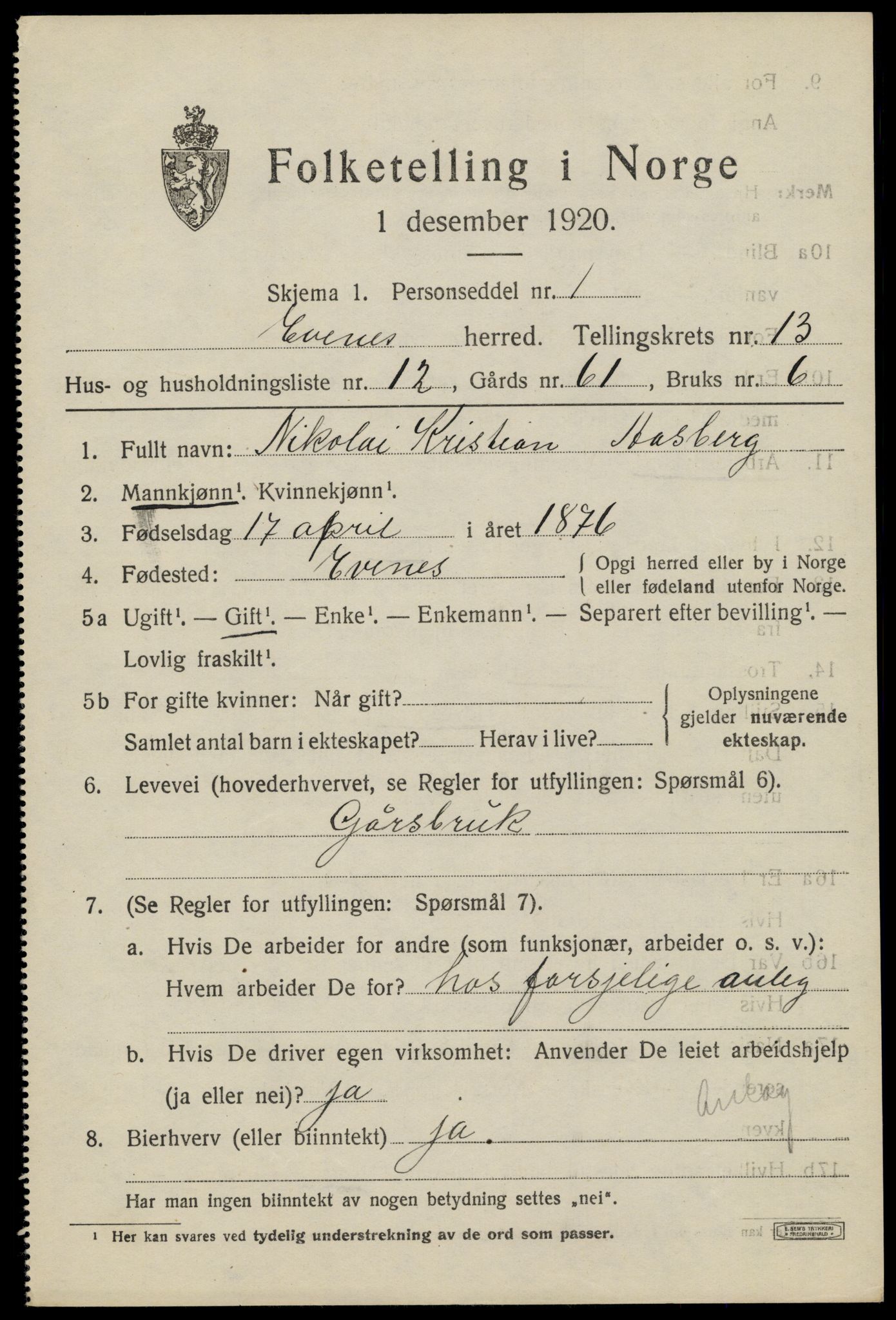 SAT, 1920 census for Evenes, 1920, p. 12036