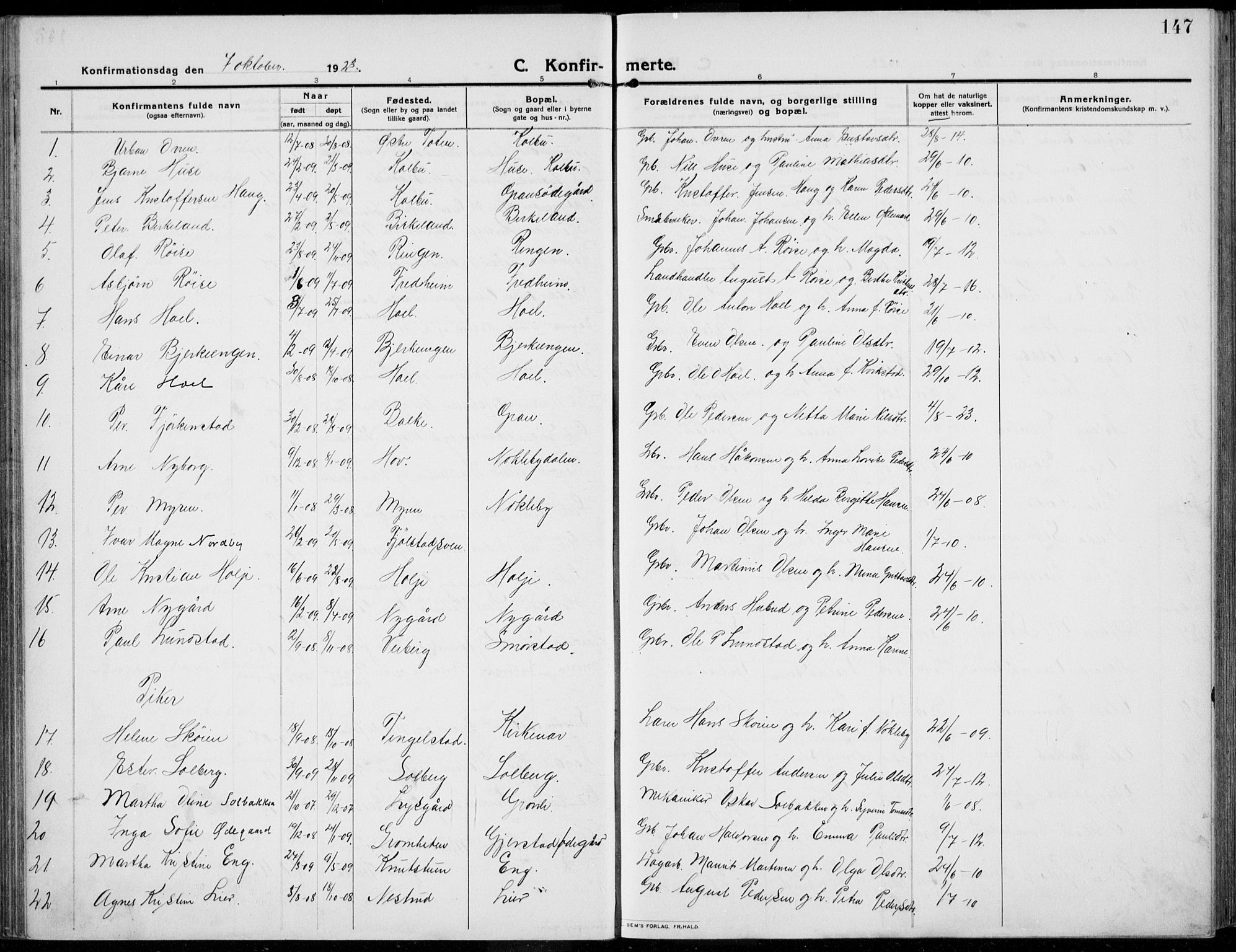 Kolbu prestekontor, SAH/PREST-110/H/Ha/Haa/L0002: Parish register (official) no. 2, 1912-1926, p. 147