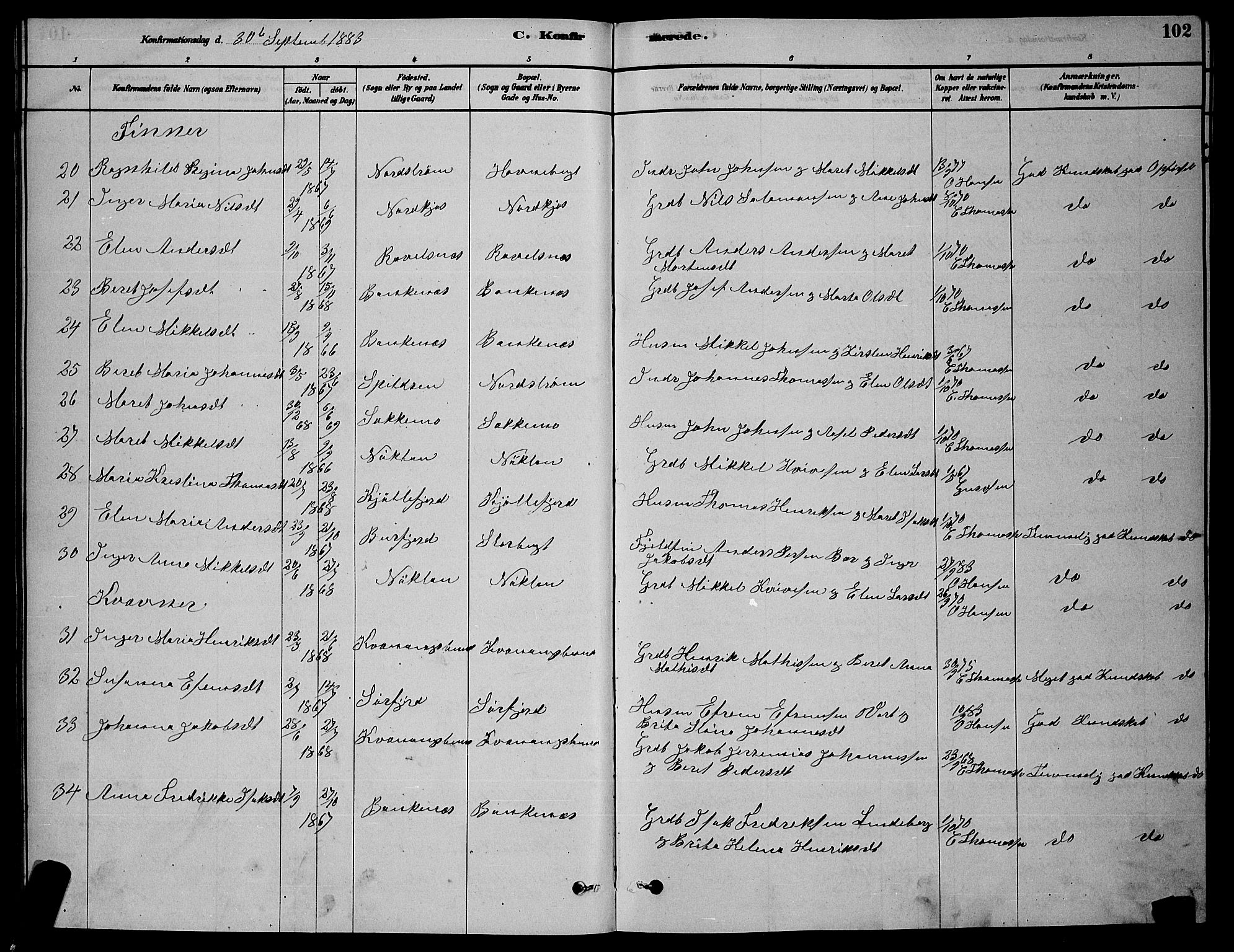 Skjervøy sokneprestkontor, AV/SATØ-S-1300/H/Ha/Hab/L0015klokker: Parish register (copy) no. 15, 1878-1890, p. 102