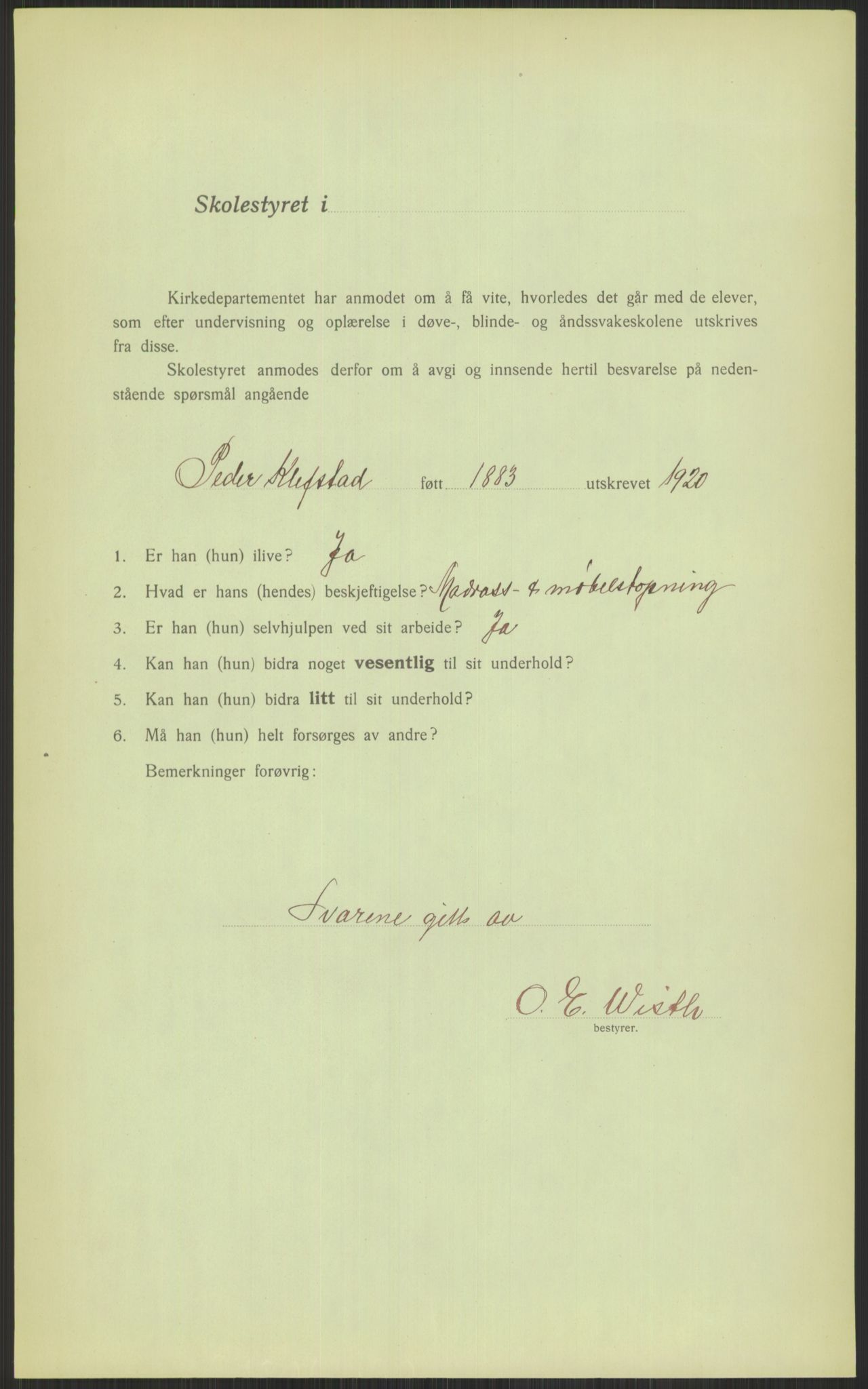 Kirke- og undervisningsdepartementet, 1. skolekontor D, AV/RA-S-1021/F/Fh/Fhl/L0044: Hvor blir det av elevene?, 1911-1921, p. 385