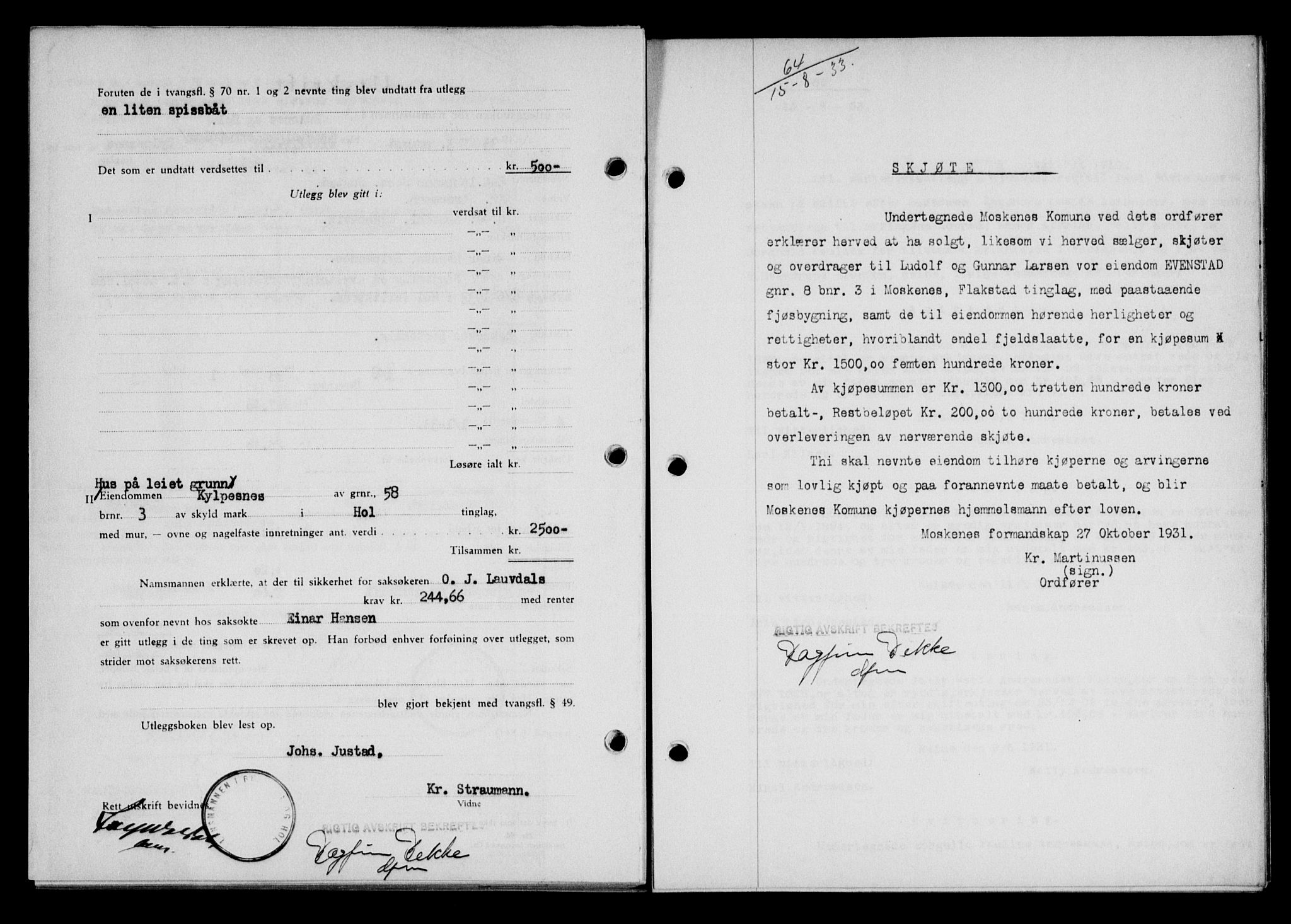 Lofoten sorenskriveri, SAT/A-0017/1/2/2C/L0028b: Mortgage book no. 28b, 1933-1933, Deed date: 15.08.1933