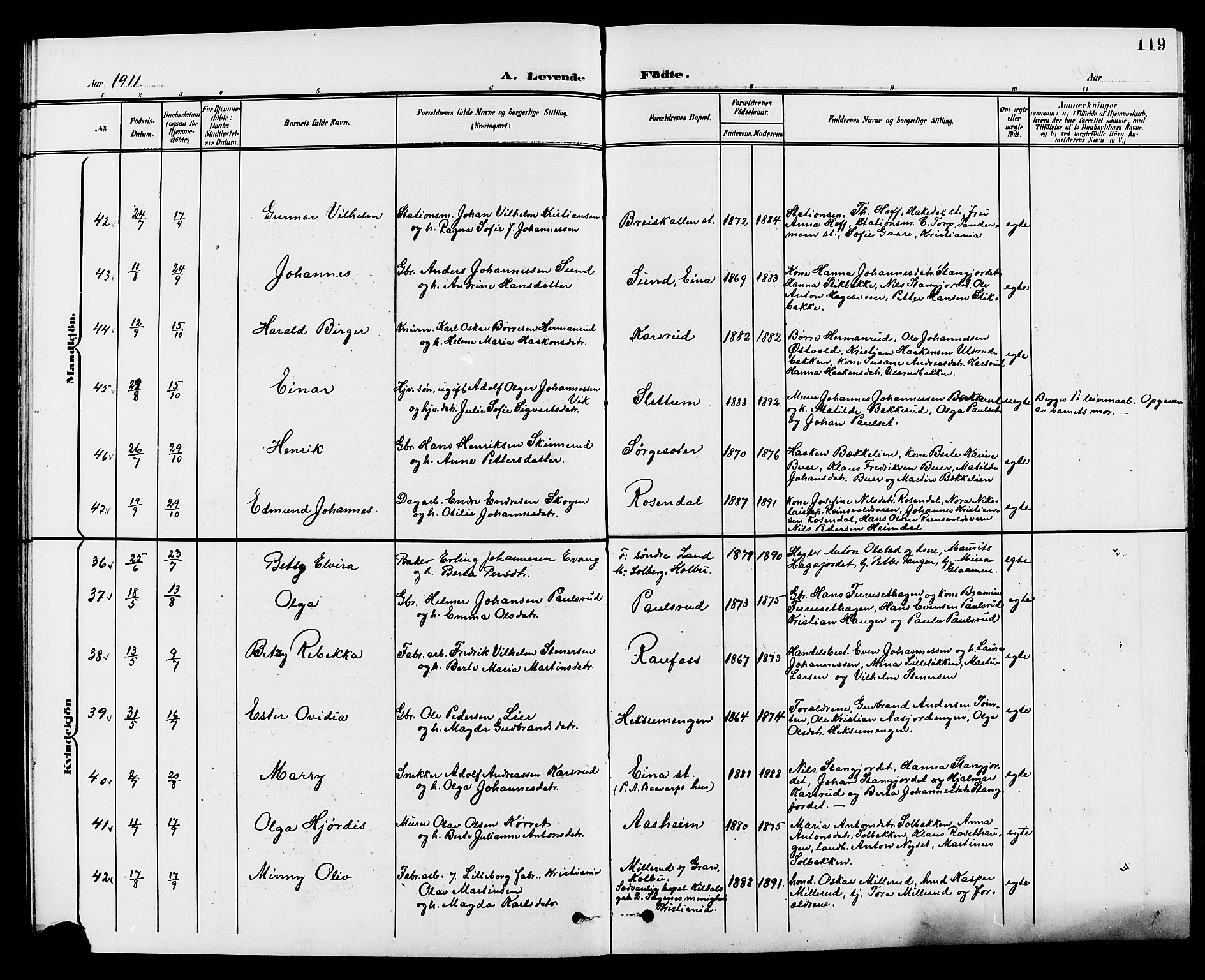 Vestre Toten prestekontor, AV/SAH-PREST-108/H/Ha/Hab/L0010: Parish register (copy) no. 10, 1900-1912, p. 119