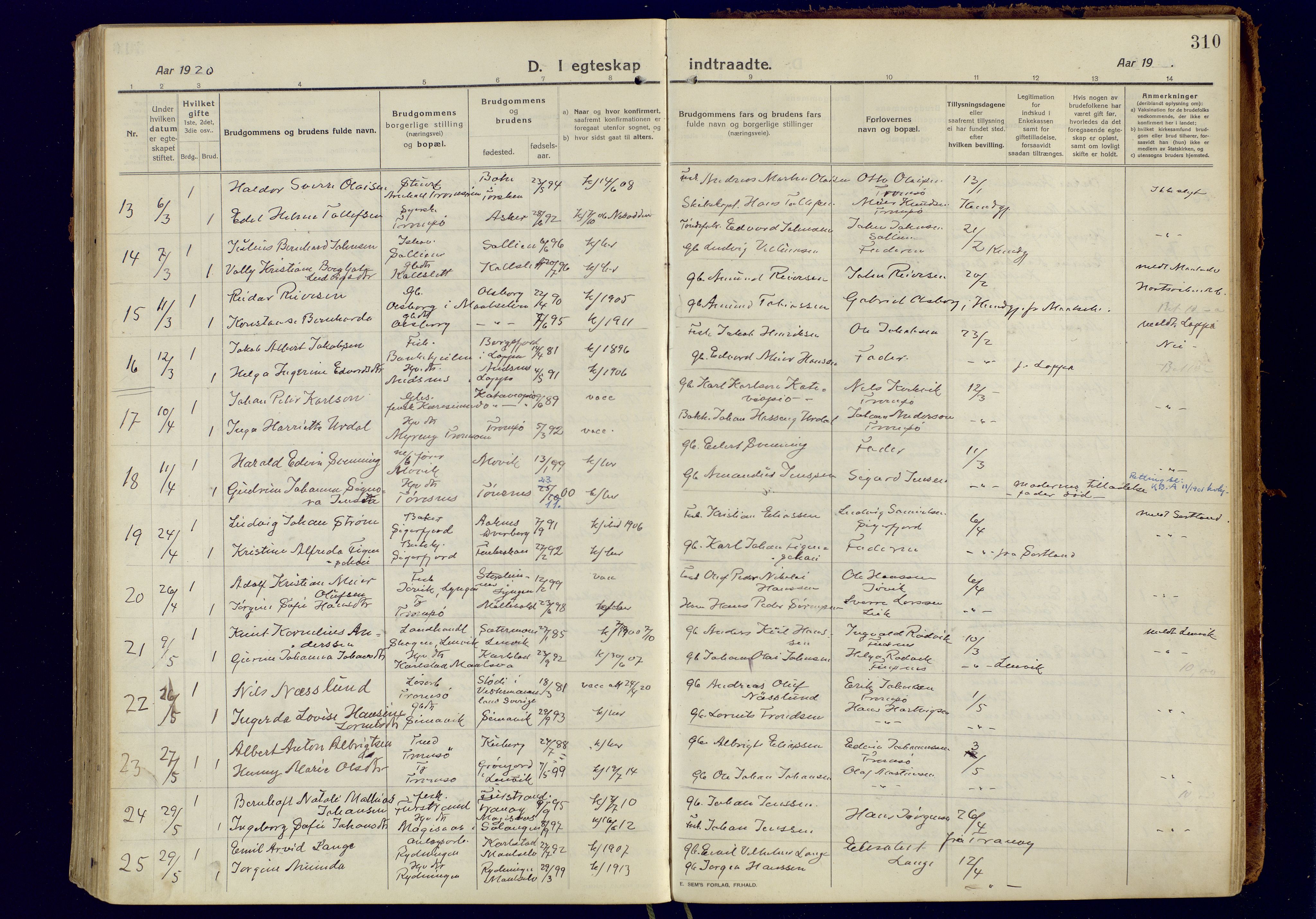 Tromsøysund sokneprestkontor, SATØ/S-1304/G/Ga/L0008kirke: Parish register (official) no. 8, 1914-1922, p. 310