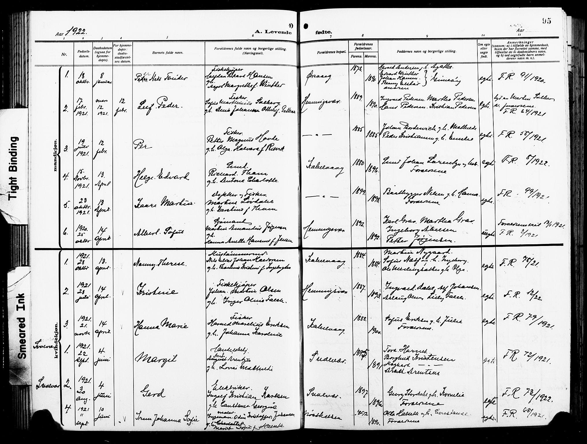 Ministerialprotokoller, klokkerbøker og fødselsregistre - Nordland, AV/SAT-A-1459/874/L1080: Parish register (copy) no. 874C09, 1915-1925, p. 95