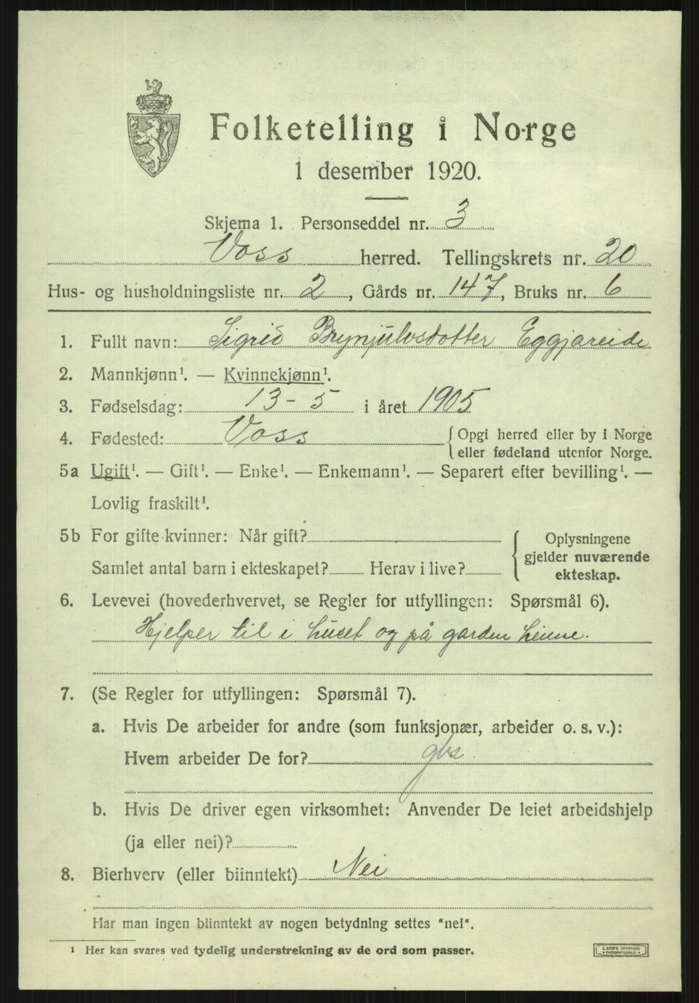 SAB, 1920 census for Voss, 1920, p. 14743