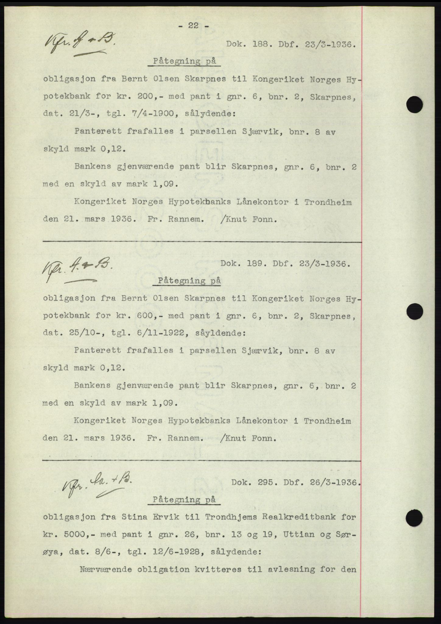 Hitra sorenskriveri, AV/SAT-A-0018/2/2C/2Ca: Mortgage book no. C1, 1936-1945, Diary no: : 188/1936