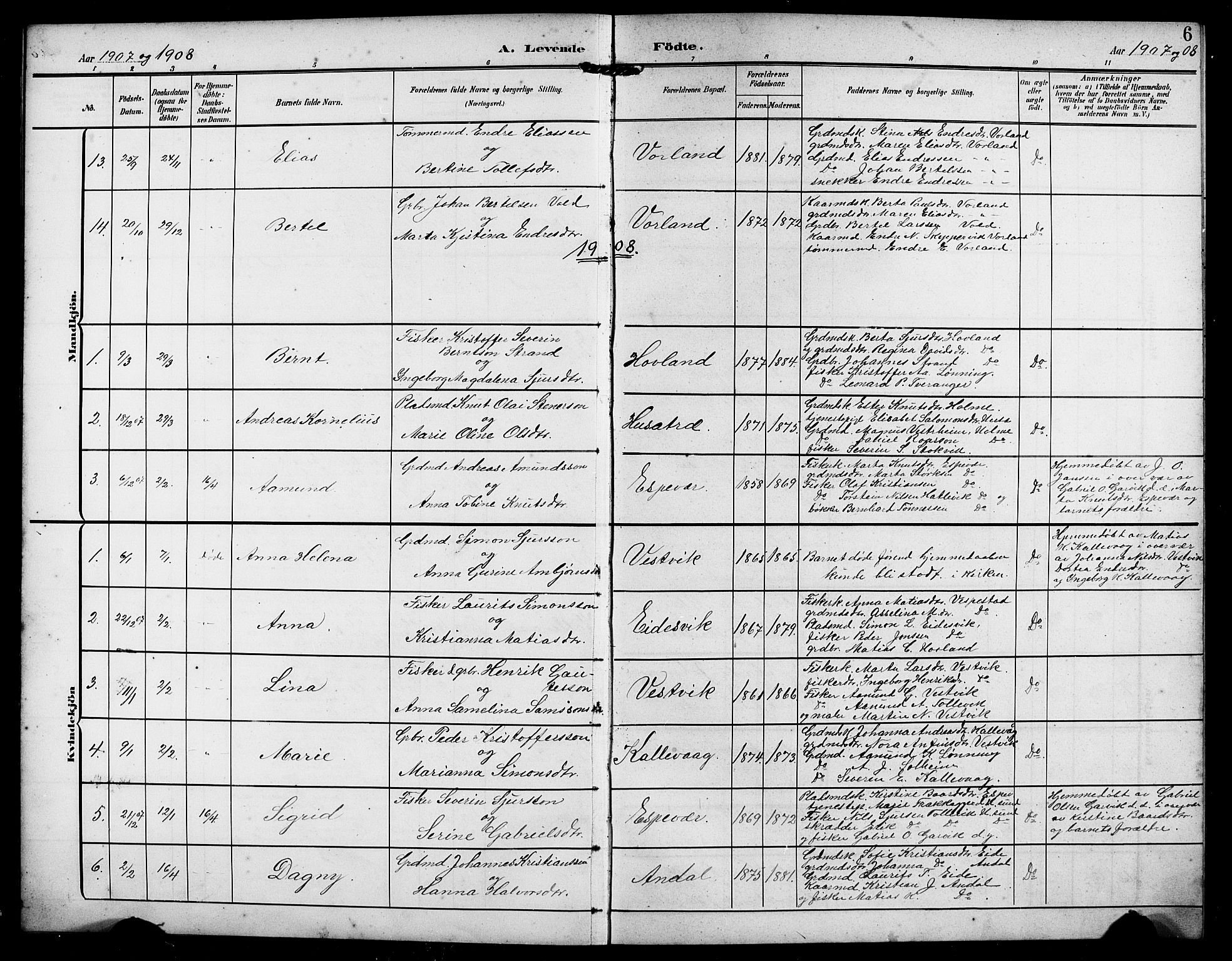 Finnås sokneprestembete, SAB/A-99925/H/Ha/Hab/Habc/L0003: Parish register (copy) no. C 3, 1907-1917, p. 6