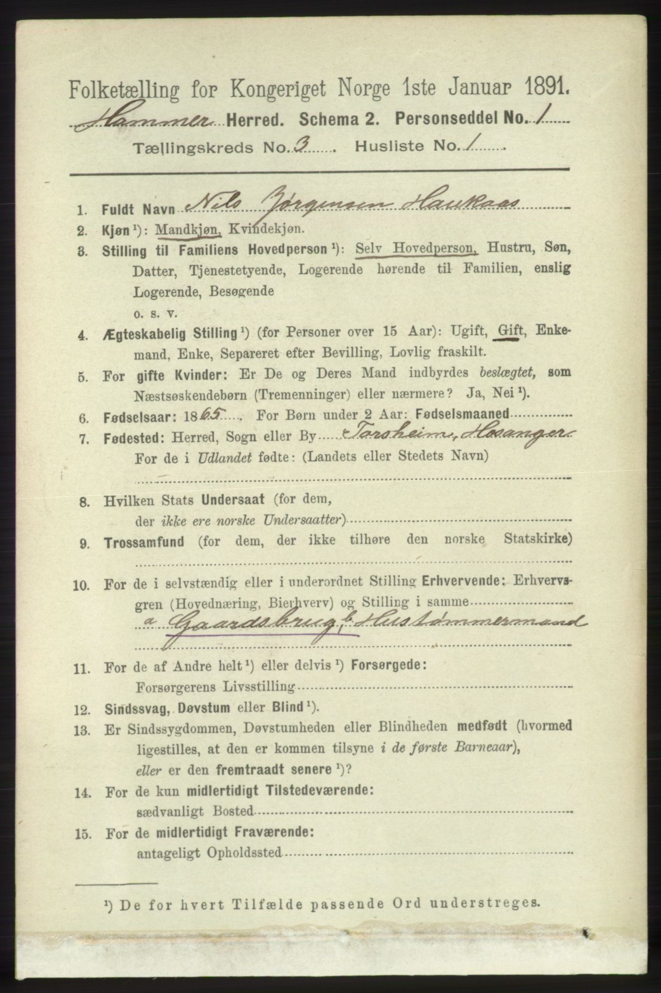 RA, 1891 census for 1254 Hamre, 1891, p. 534