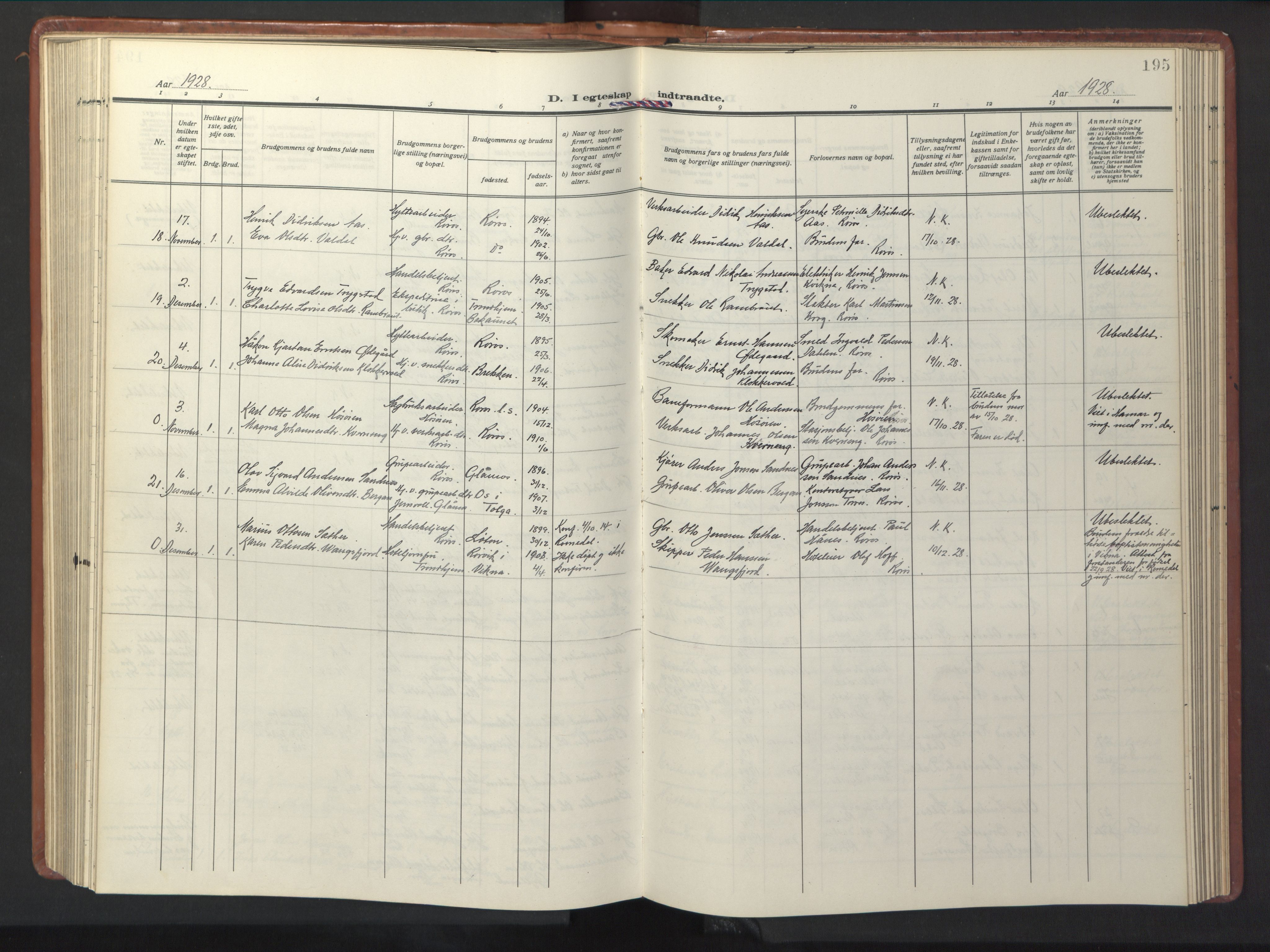 Ministerialprotokoller, klokkerbøker og fødselsregistre - Sør-Trøndelag, SAT/A-1456/681/L0943: Parish register (copy) no. 681C07, 1926-1954, p. 195