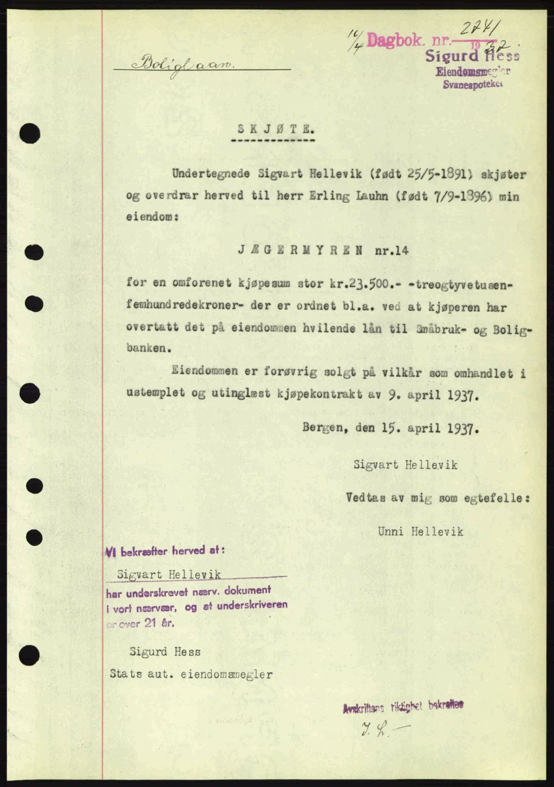 Byfogd og Byskriver i Bergen, SAB/A-3401/03/03Bc/L0004: Mortgage book no. A3-4, 1936-1937, Diary no: : 2741/1937
