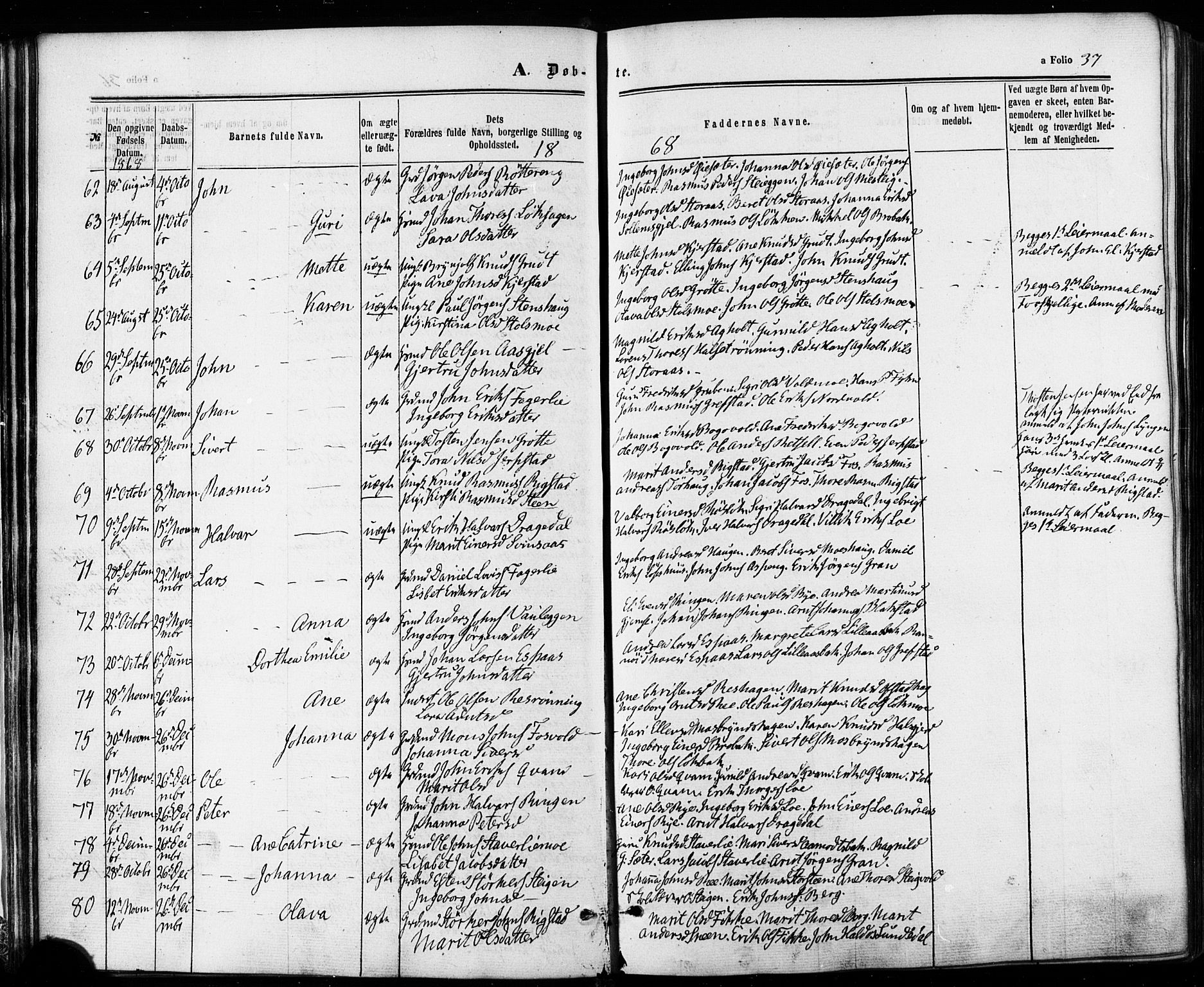 Ministerialprotokoller, klokkerbøker og fødselsregistre - Sør-Trøndelag, SAT/A-1456/672/L0856: Parish register (official) no. 672A08, 1861-1881, p. 37