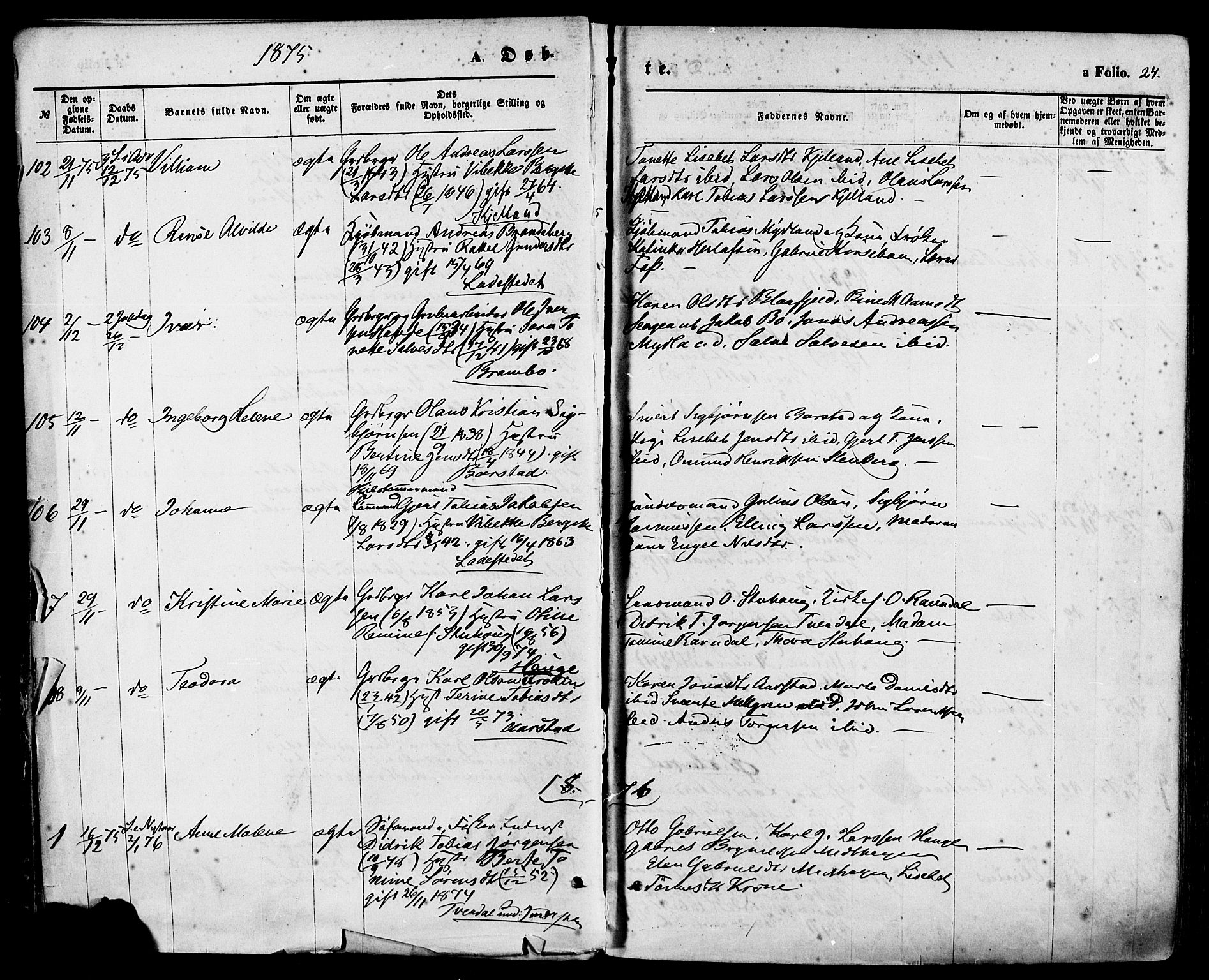 Sokndal sokneprestkontor, AV/SAST-A-101808: Parish register (official) no. A 10, 1874-1886, p. 24