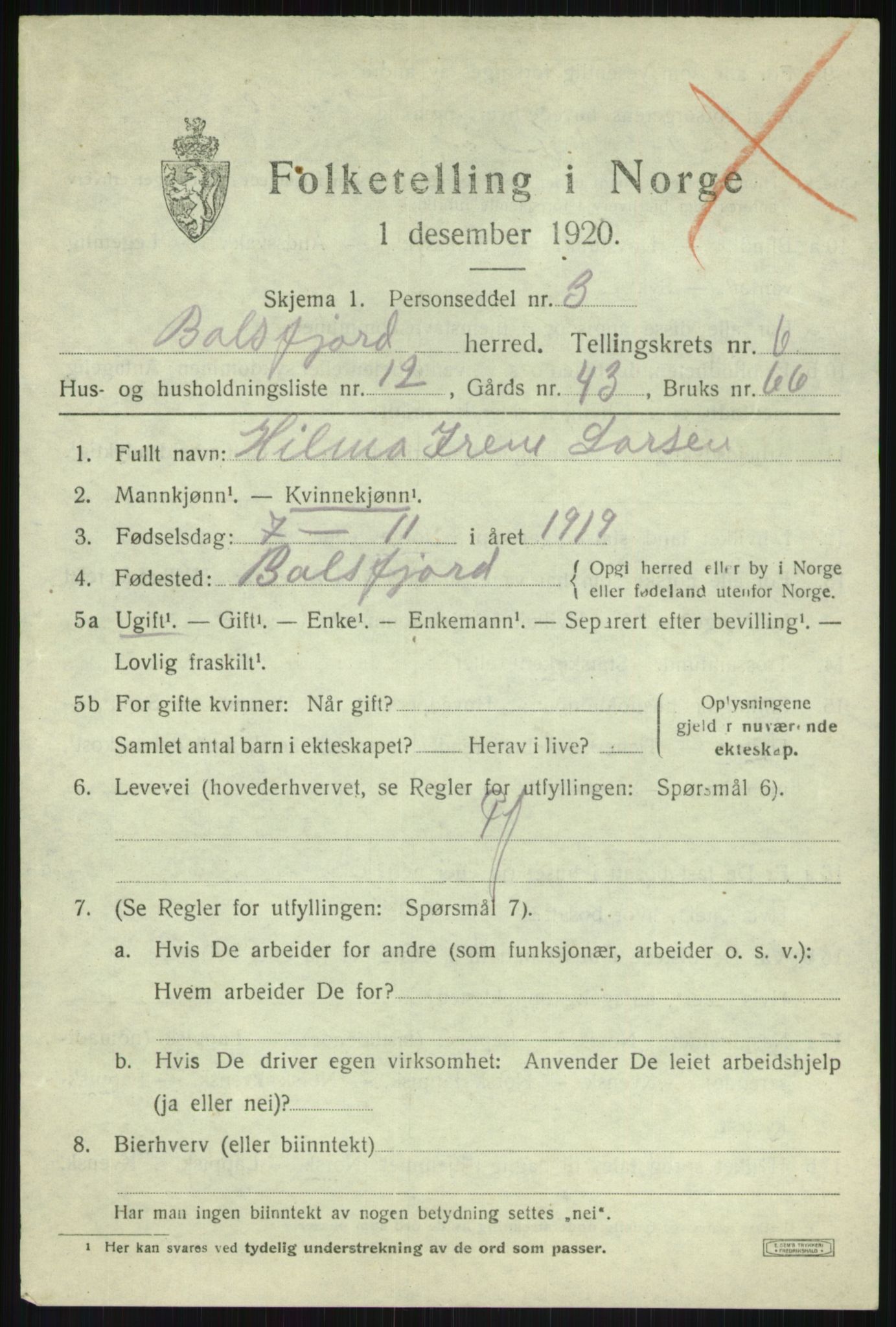 SATØ, 1920 census for Balsfjord, 1920, p. 3858