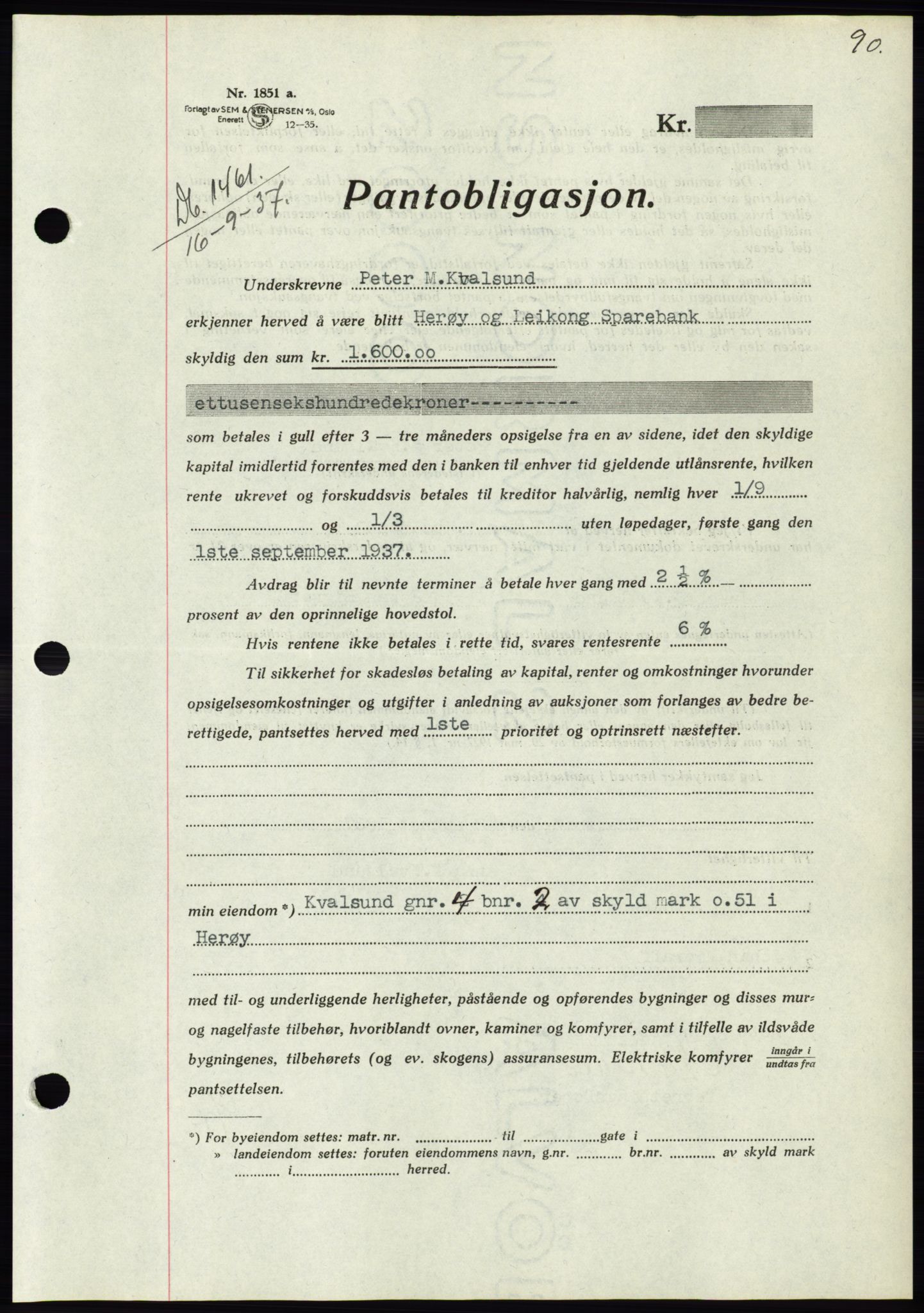 Søre Sunnmøre sorenskriveri, AV/SAT-A-4122/1/2/2C/L0064: Mortgage book no. 58, 1937-1938, Diary no: : 1461/1937