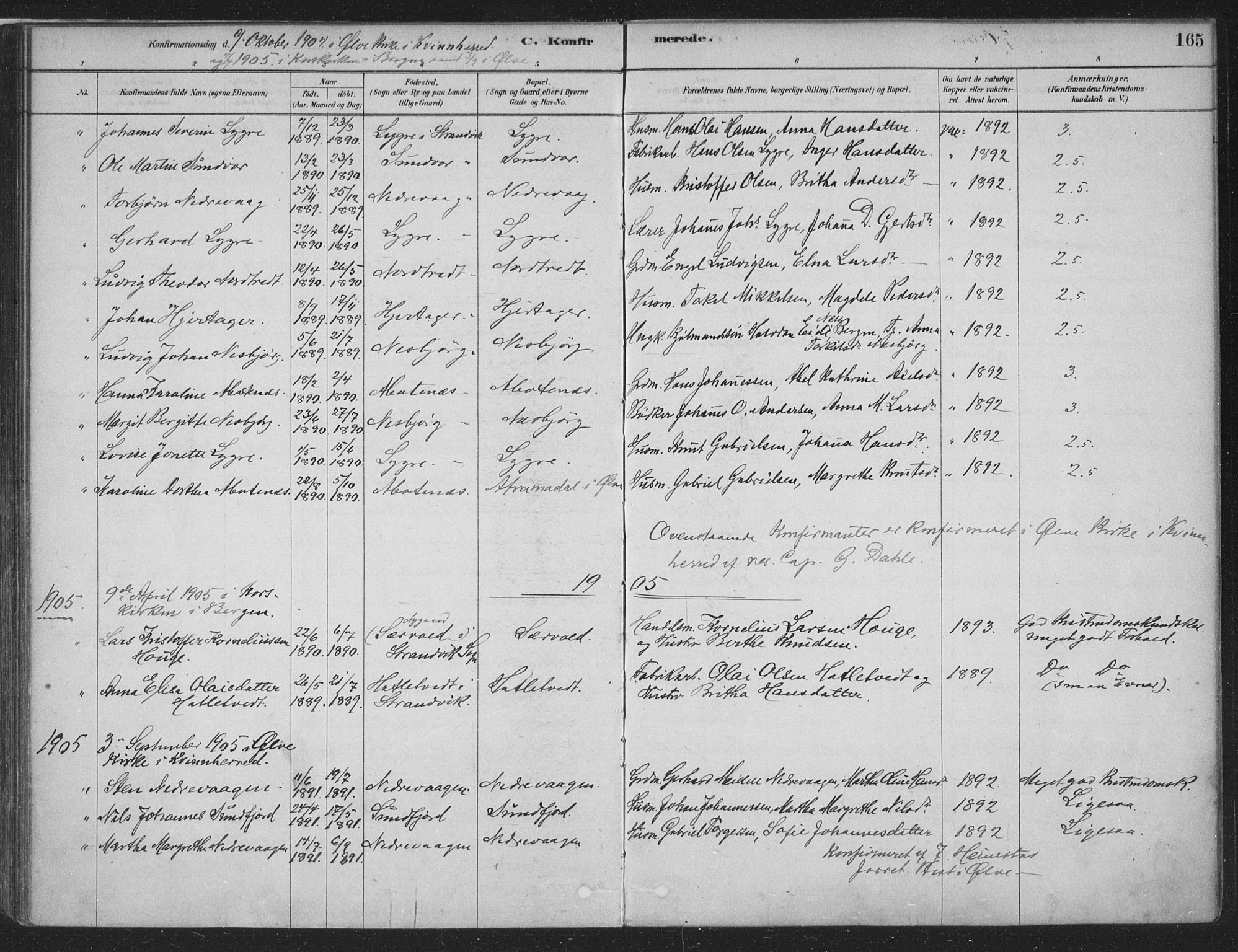 Fusa sokneprestembete, SAB/A-75401/H/Haa: Parish register (official) no. D 1, 1880-1938, p. 165