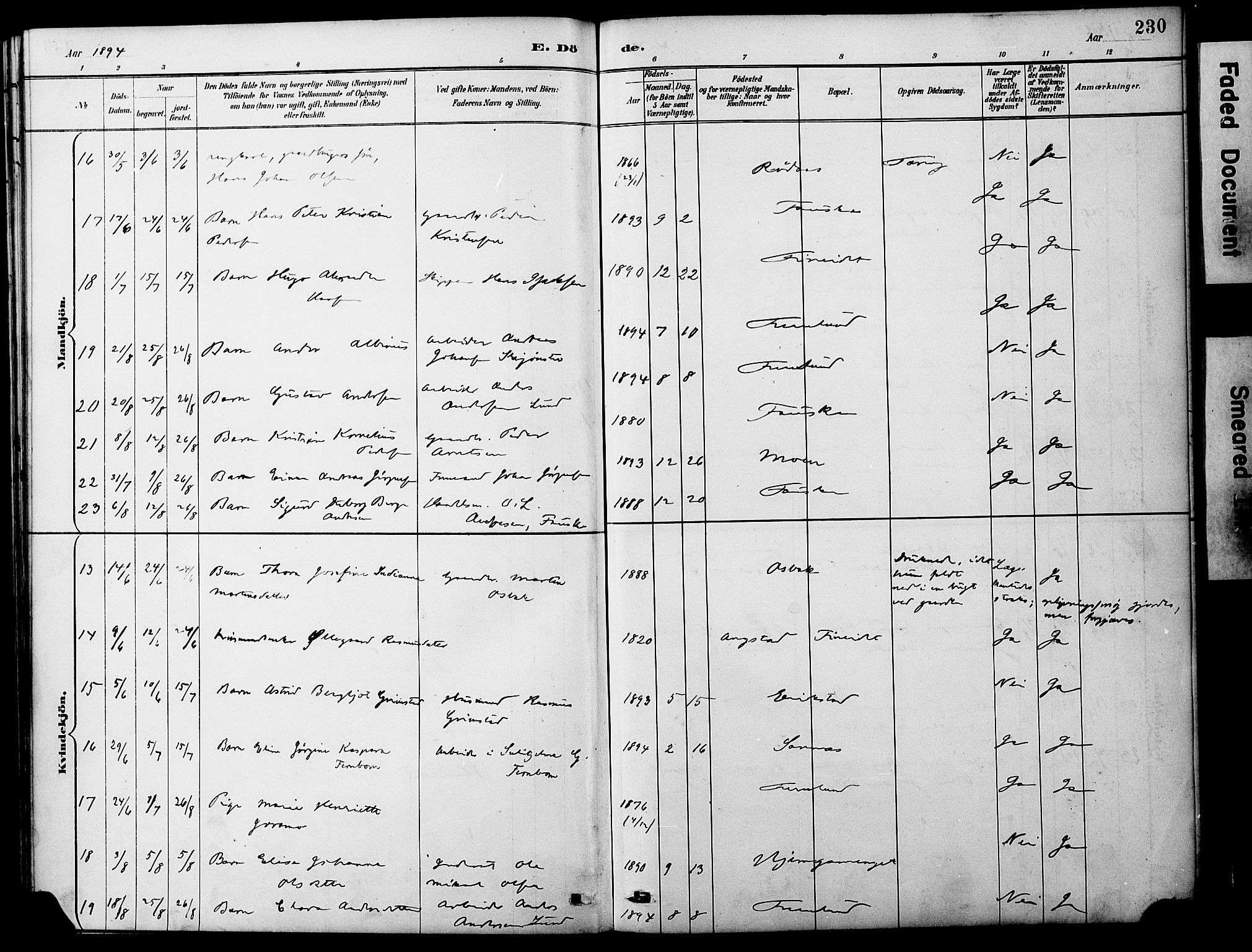 Ministerialprotokoller, klokkerbøker og fødselsregistre - Nordland, AV/SAT-A-1459/849/L0690: Parish register (official) no. 849A02, 1890-1897, p. 230