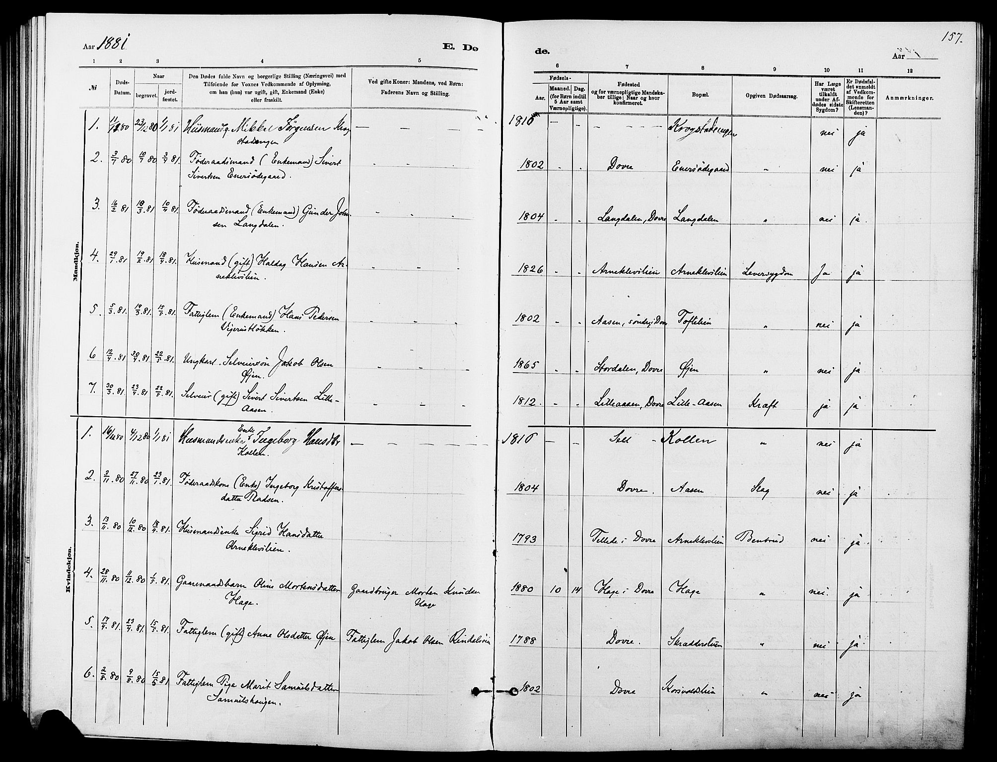 Dovre prestekontor, AV/SAH-PREST-066/H/Ha/Haa/L0002: Parish register (official) no. 2, 1879-1890, p. 157