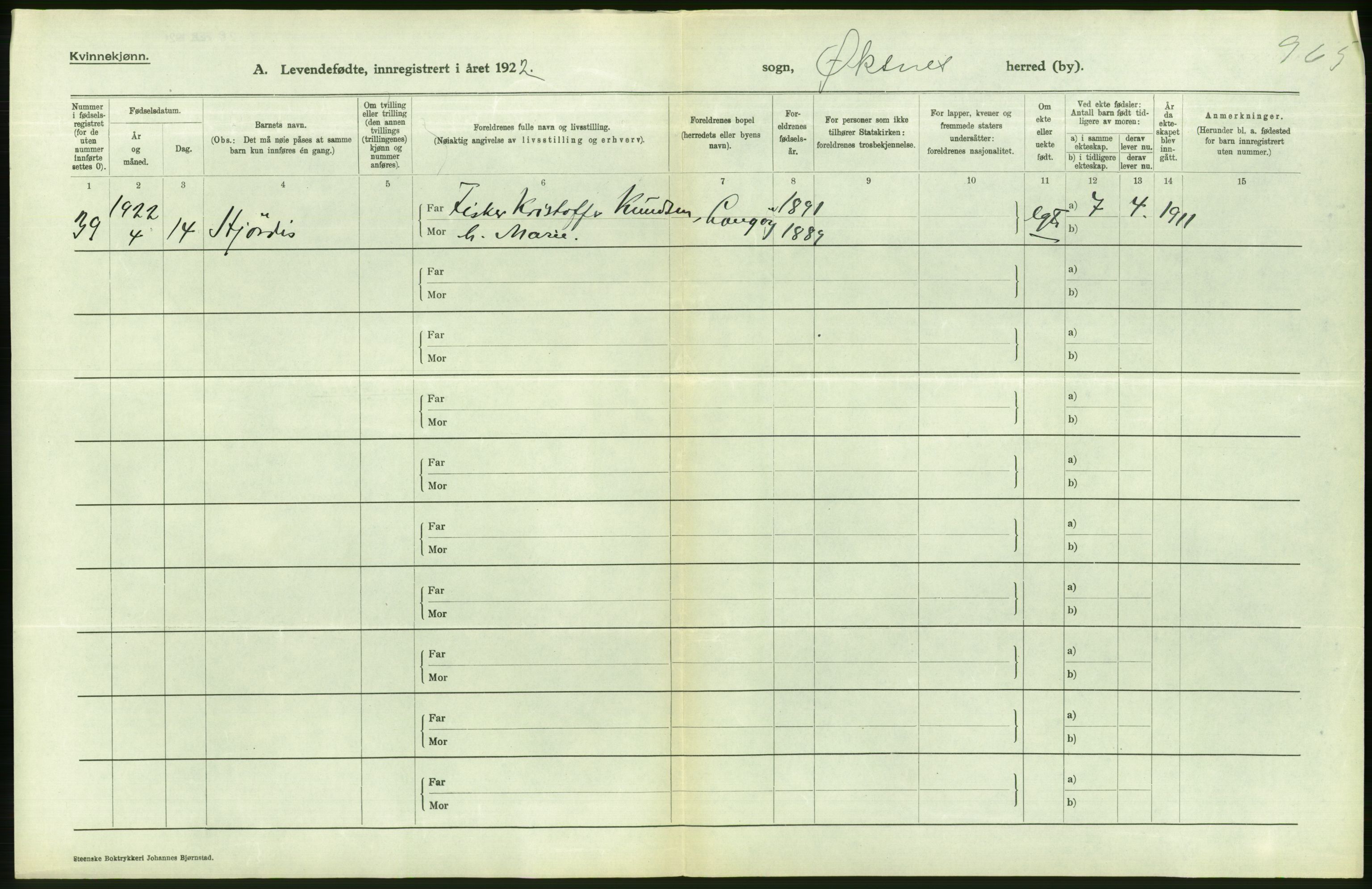 Statistisk sentralbyrå, Sosiodemografiske emner, Befolkning, AV/RA-S-2228/D/Df/Dfc/Dfcb/L0044: Nordland fylke: Levendefødte menn og kvinner. Bygder og byer., 1922, p. 434