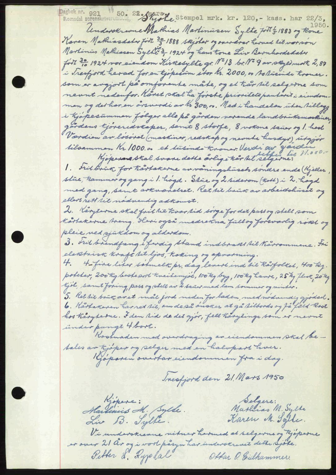 Romsdal sorenskriveri, AV/SAT-A-4149/1/2/2C: Mortgage book no. A32, 1950-1950, Diary no: : 921/1950