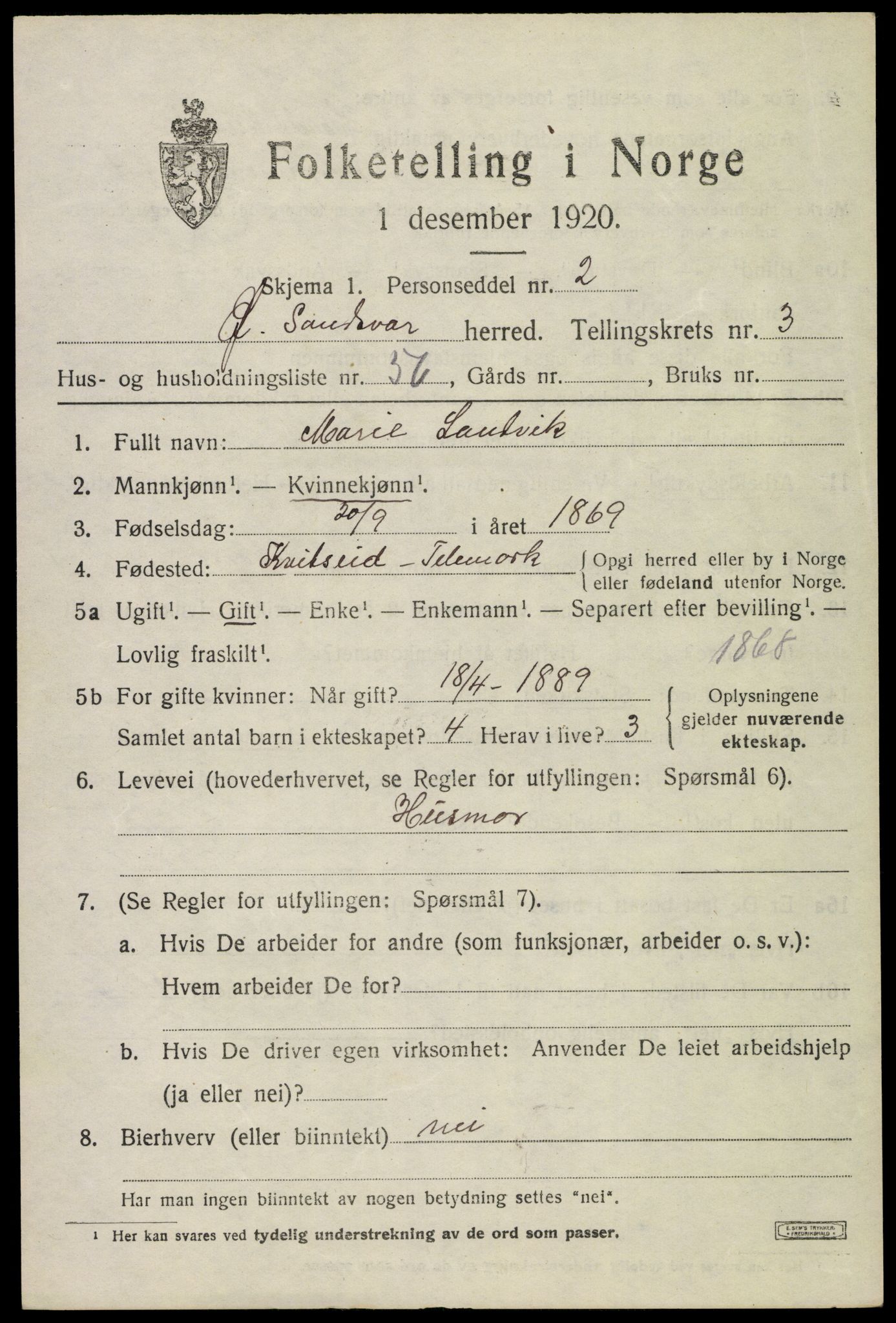 SAKO, 1920 census for Øvre Sandsvær, 1920, p. 2546