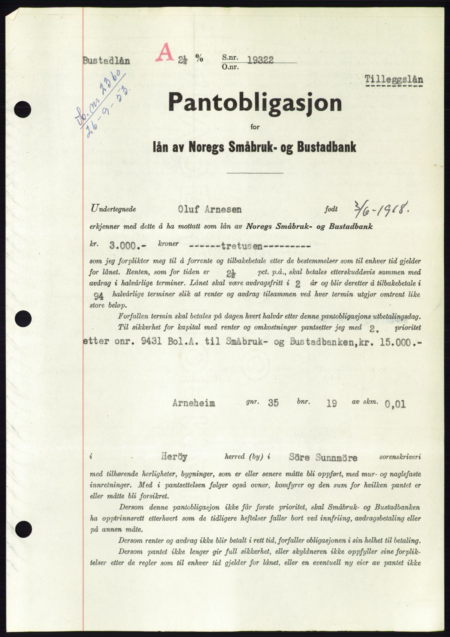 Søre Sunnmøre sorenskriveri, AV/SAT-A-4122/1/2/2C/L0124: Mortgage book no. 12B, 1953-1954, Diary no: : 2360/1953