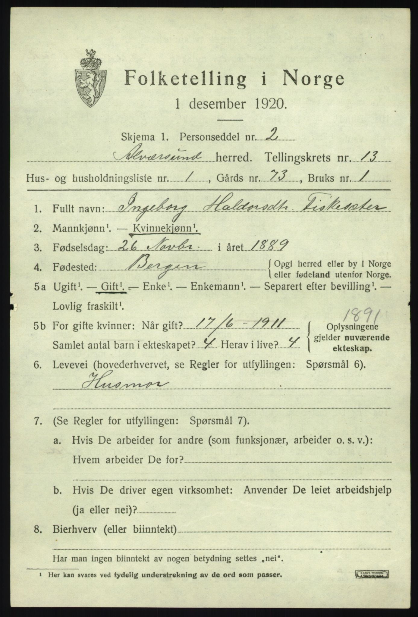 SAB, 1920 census for Alversund, 1920, p. 7152