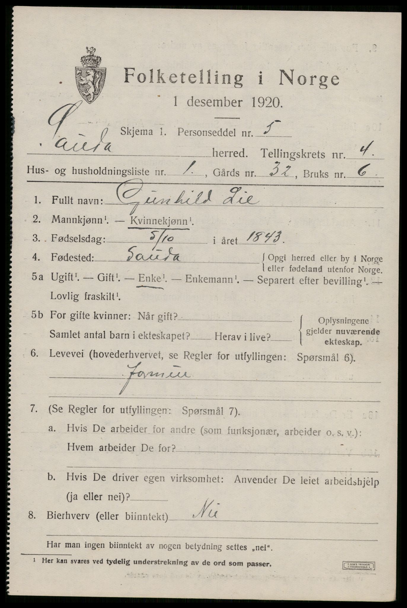 SAST, 1920 census for Sauda, 1920, p. 1736