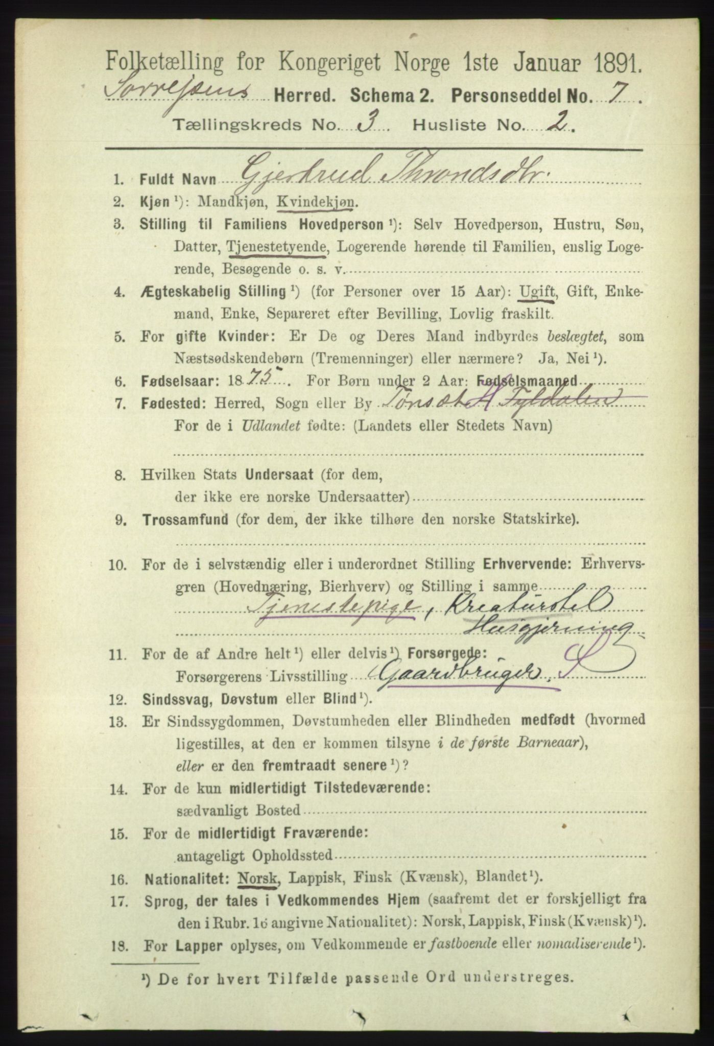 RA, 1891 census for 1925 Sørreisa, 1891, p. 696