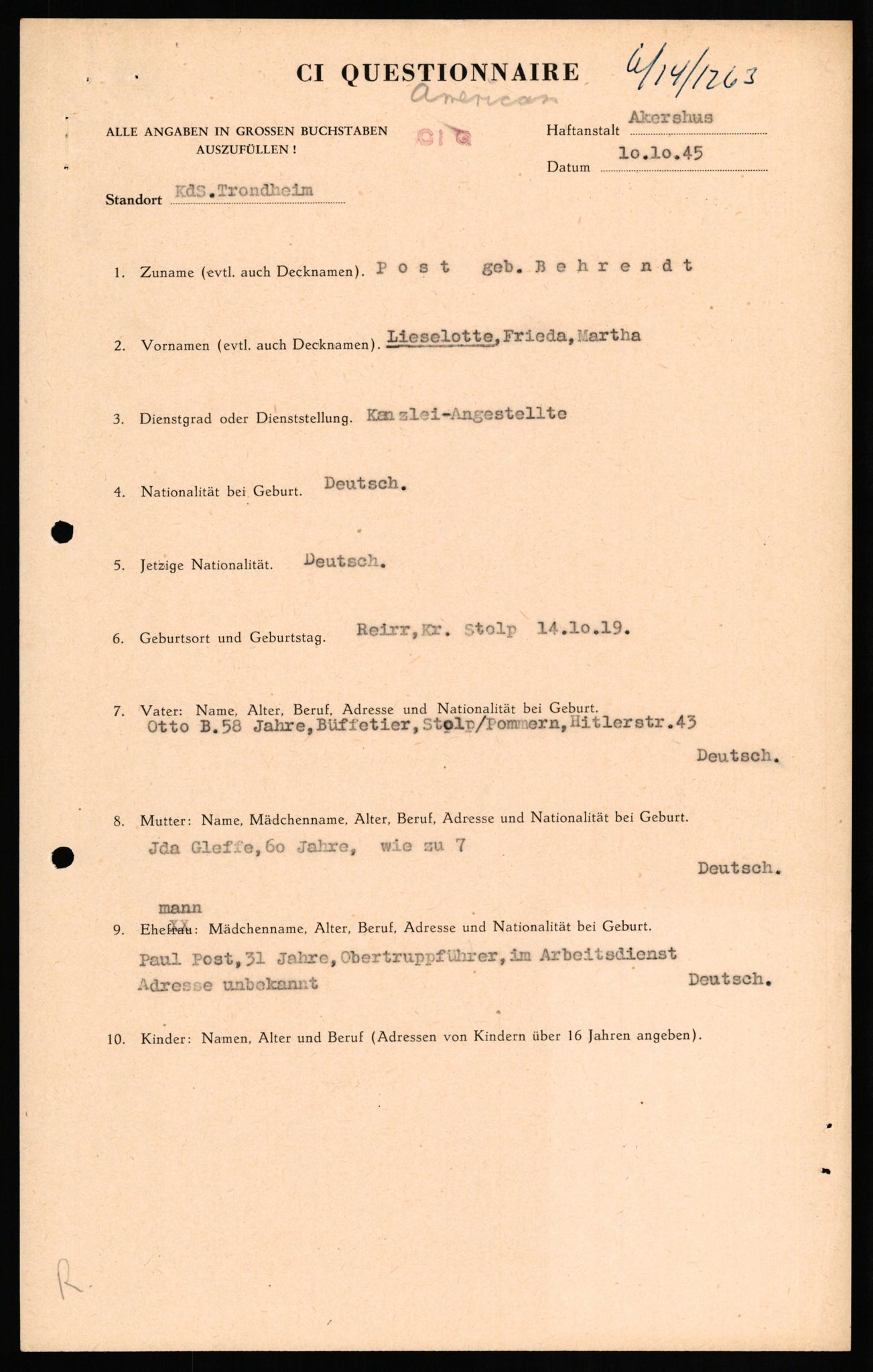 Forsvaret, Forsvarets overkommando II, AV/RA-RAFA-3915/D/Db/L0026: CI Questionaires. Tyske okkupasjonsstyrker i Norge. Tyskere., 1945-1946, p. 291