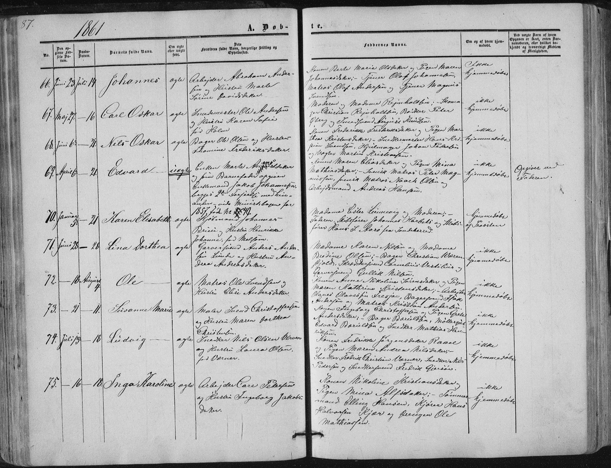 Tønsberg kirkebøker, AV/SAKO-A-330/F/Fa/L0008: Parish register (official) no. I 8, 1855-1864, p. 87