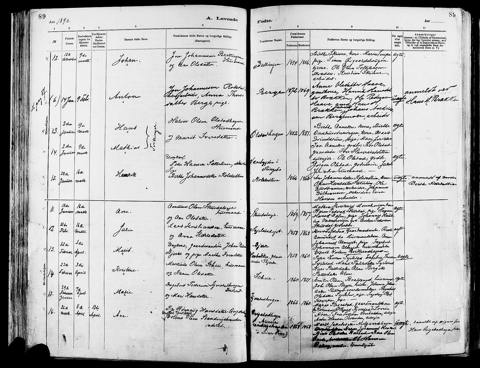 Sør-Fron prestekontor, AV/SAH-PREST-010/H/Ha/Haa/L0003: Parish register (official) no. 3, 1881-1897, p. 89