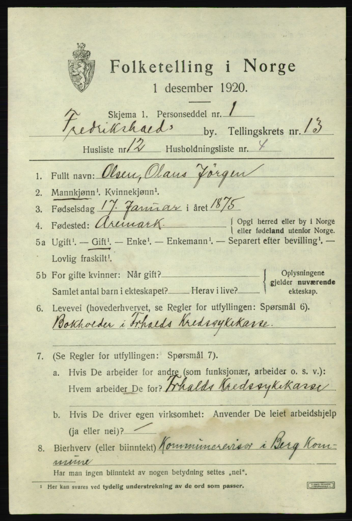 SAO, 1920 census for Fredrikshald, 1920, p. 20886