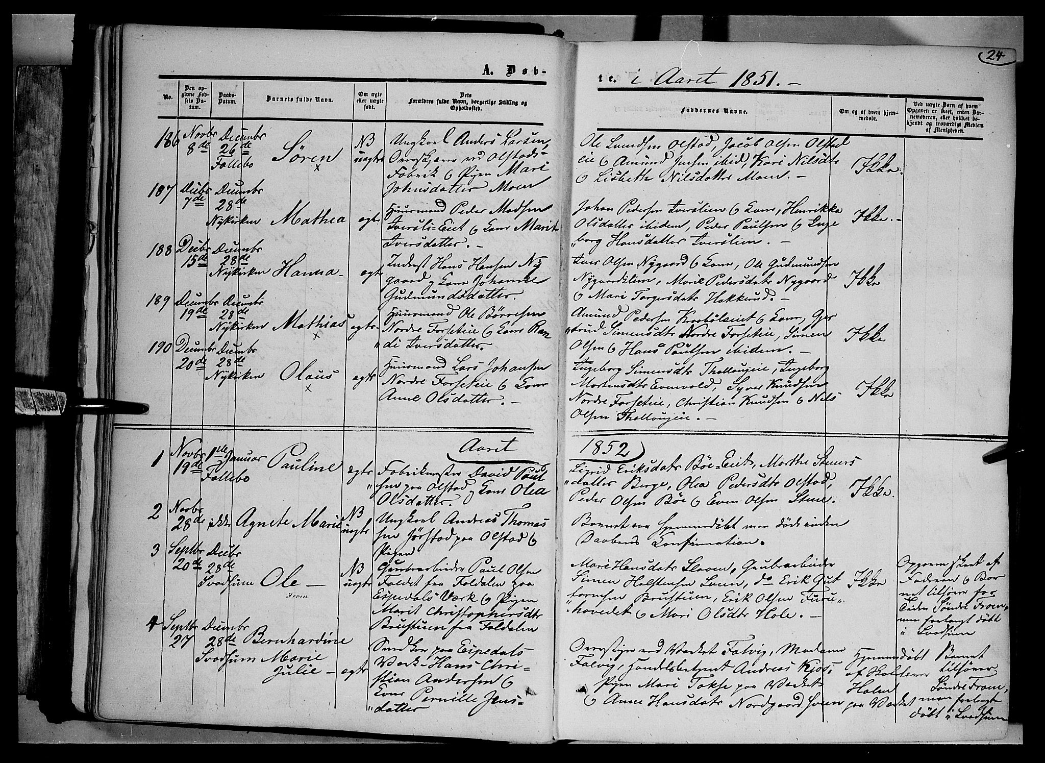 Gausdal prestekontor, SAH/PREST-090/H/Ha/Haa/L0008: Parish register (official) no. 8, 1850-1861, p. 24