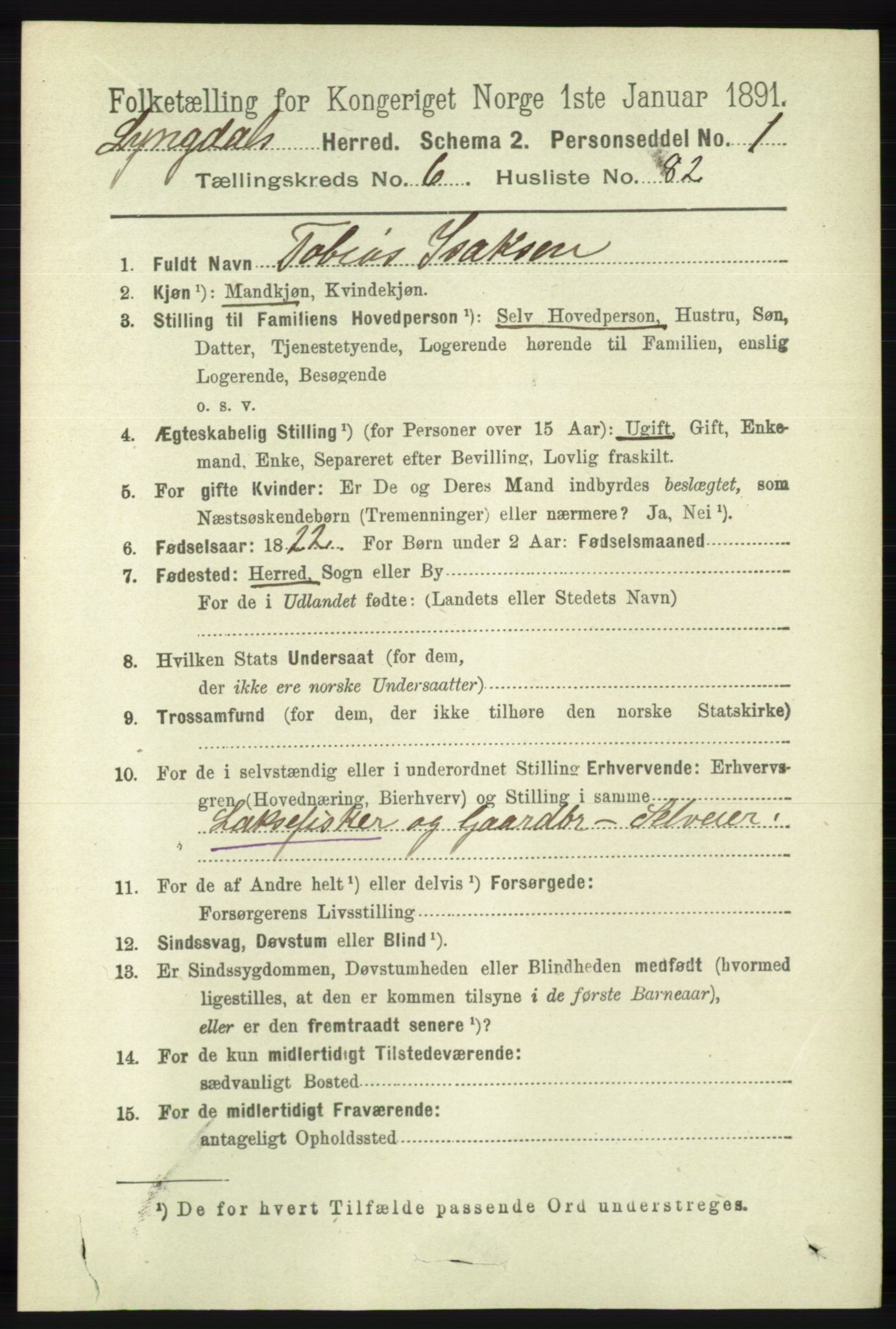 RA, 1891 census for 1032 Lyngdal, 1891, p. 2829