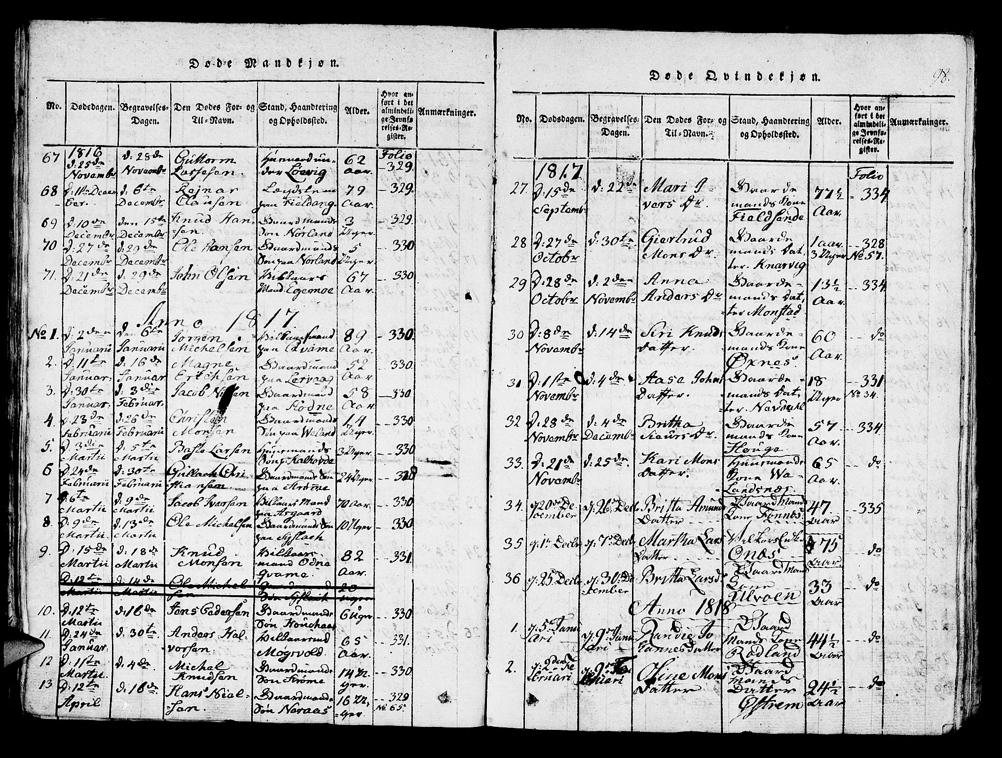 Lindås Sokneprestembete, AV/SAB-A-76701/H/Haa/Haaa/L0007: Parish register (official) no. A 7, 1816-1823, p. 98