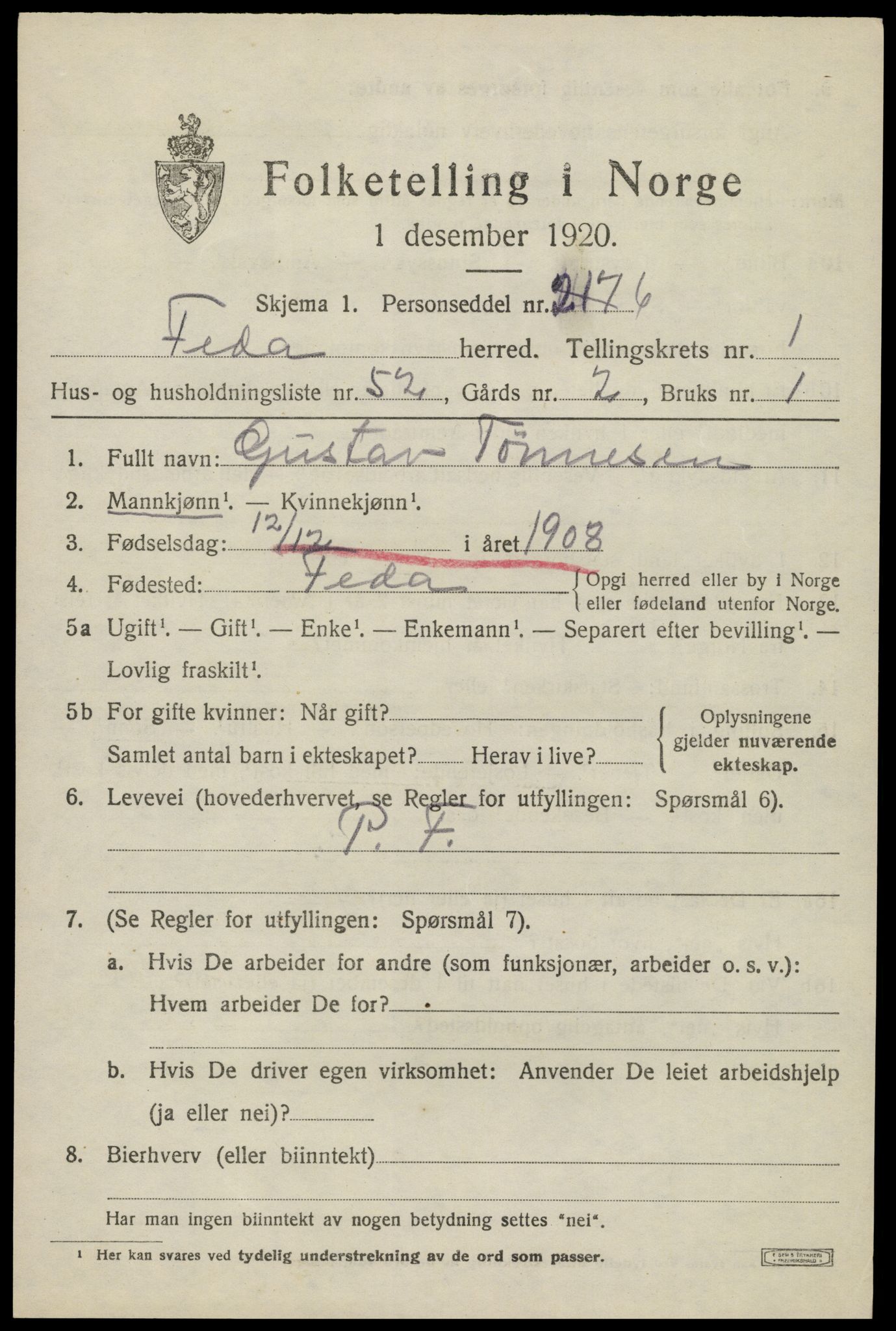 SAK, 1920 census for Feda, 1920, p. 889