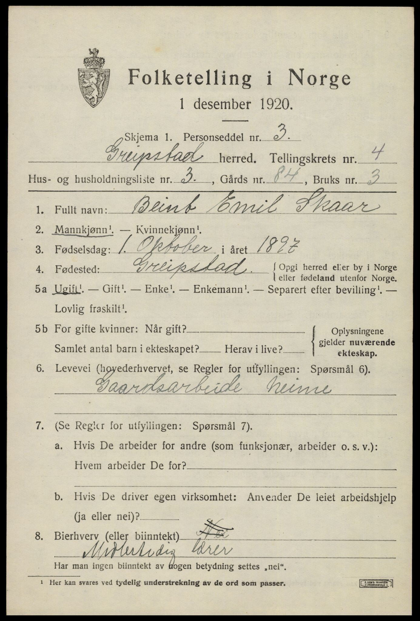 SAK, 1920 census for Greipstad, 1920, p. 1528