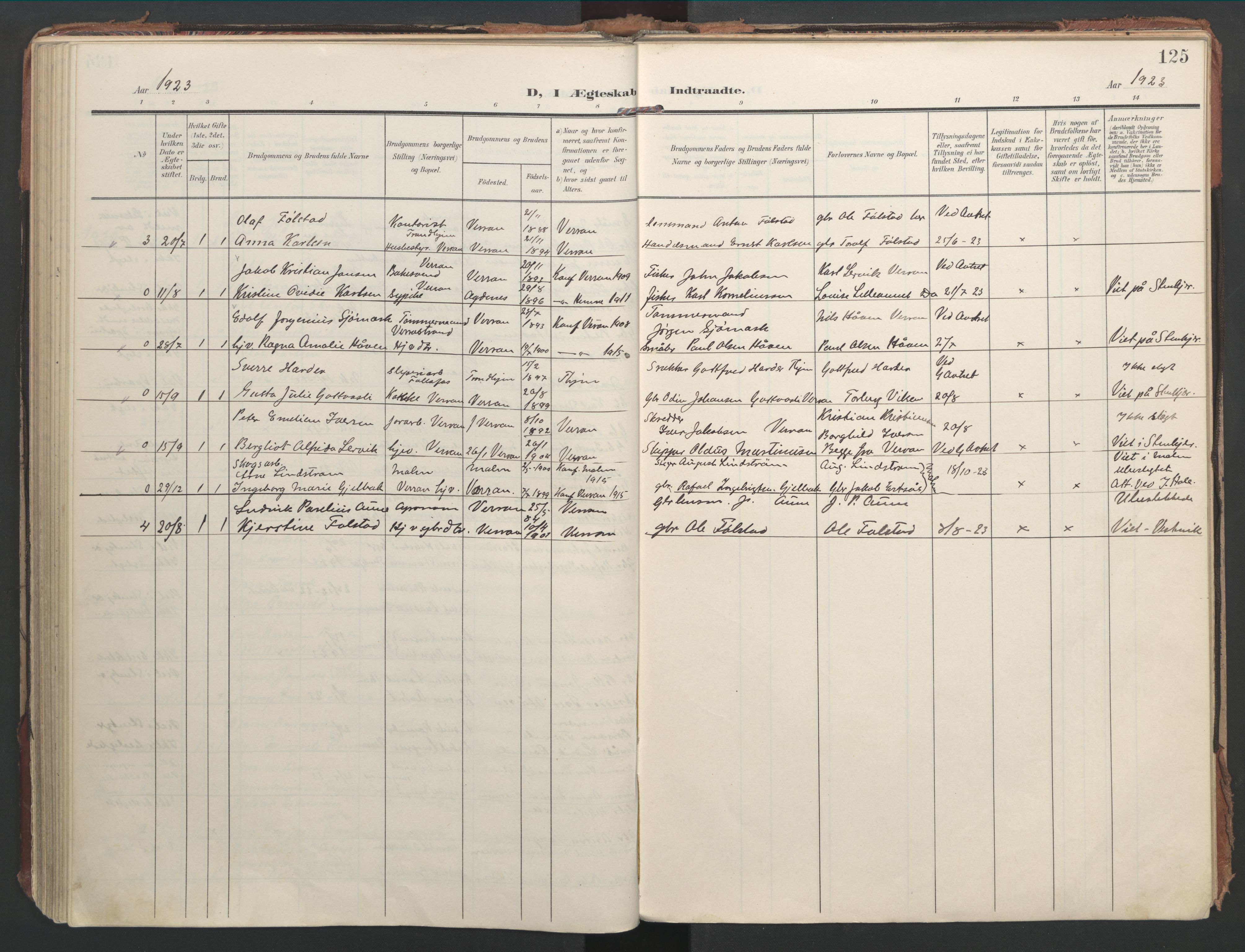 Ministerialprotokoller, klokkerbøker og fødselsregistre - Nord-Trøndelag, SAT/A-1458/744/L0421: Parish register (official) no. 744A05, 1905-1930, p. 125