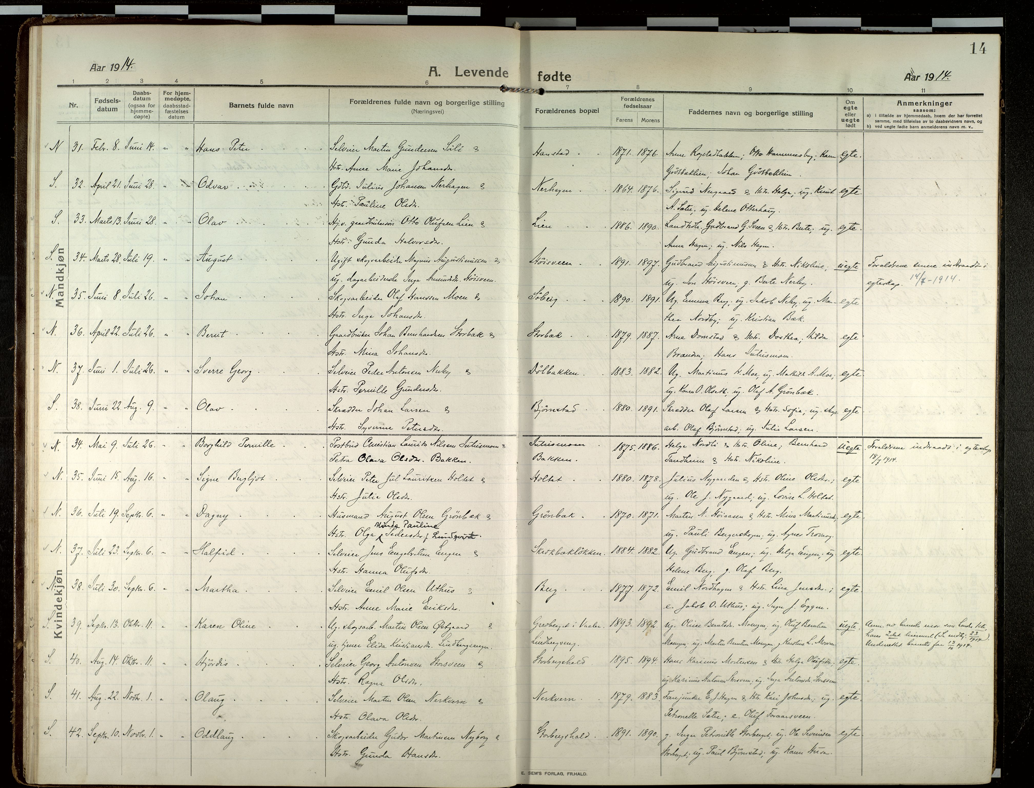 Elverum prestekontor, AV/SAH-PREST-044/H/Ha/Haa/L0022: Parish register (official) no. 22, 1913-1924, p. 14