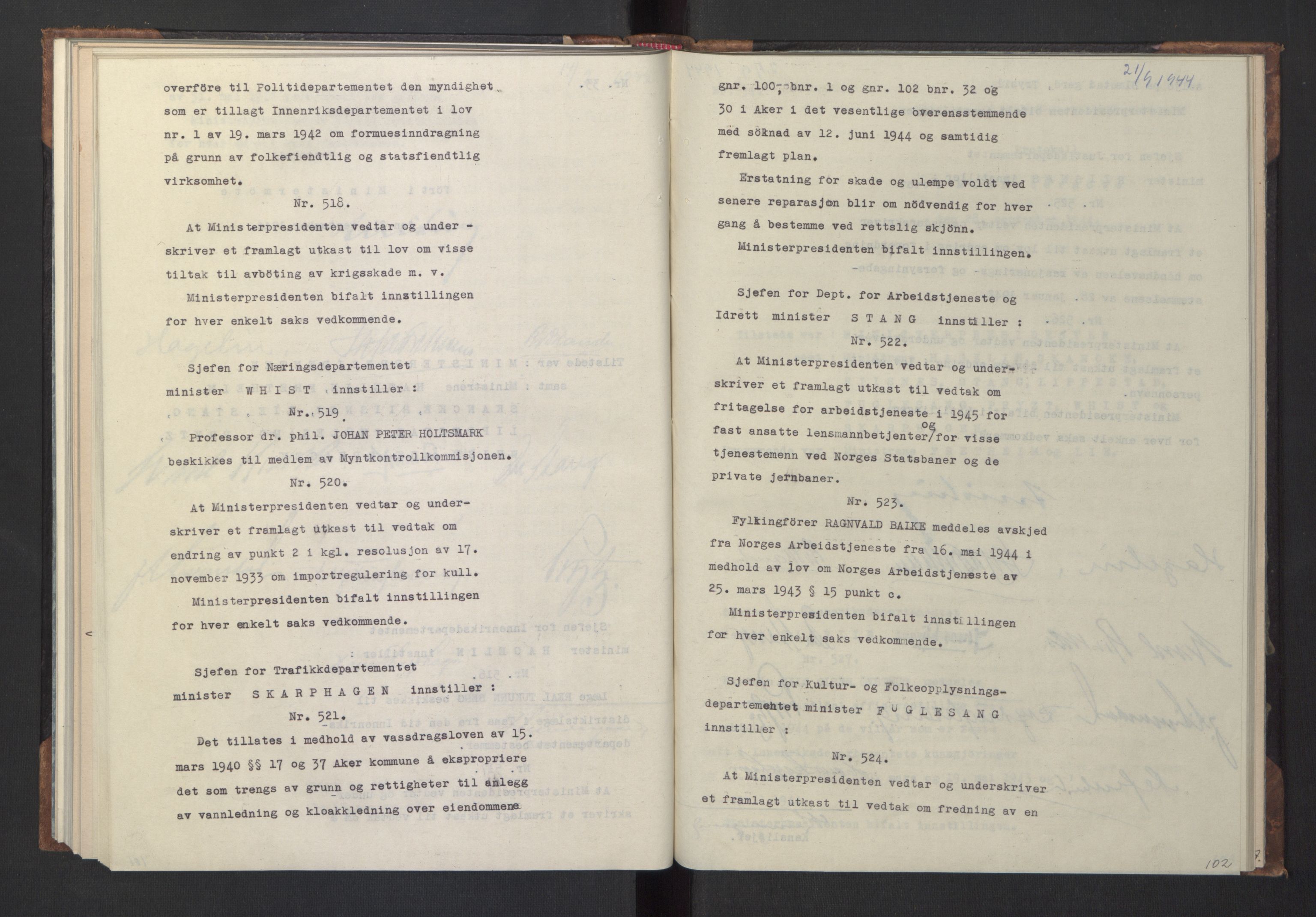 NS-administrasjonen 1940-1945 (Statsrådsekretariatet, de kommisariske statsråder mm), RA/S-4279/D/Da/L0005: Protokoll fra ministermøter, 1944, p. 104