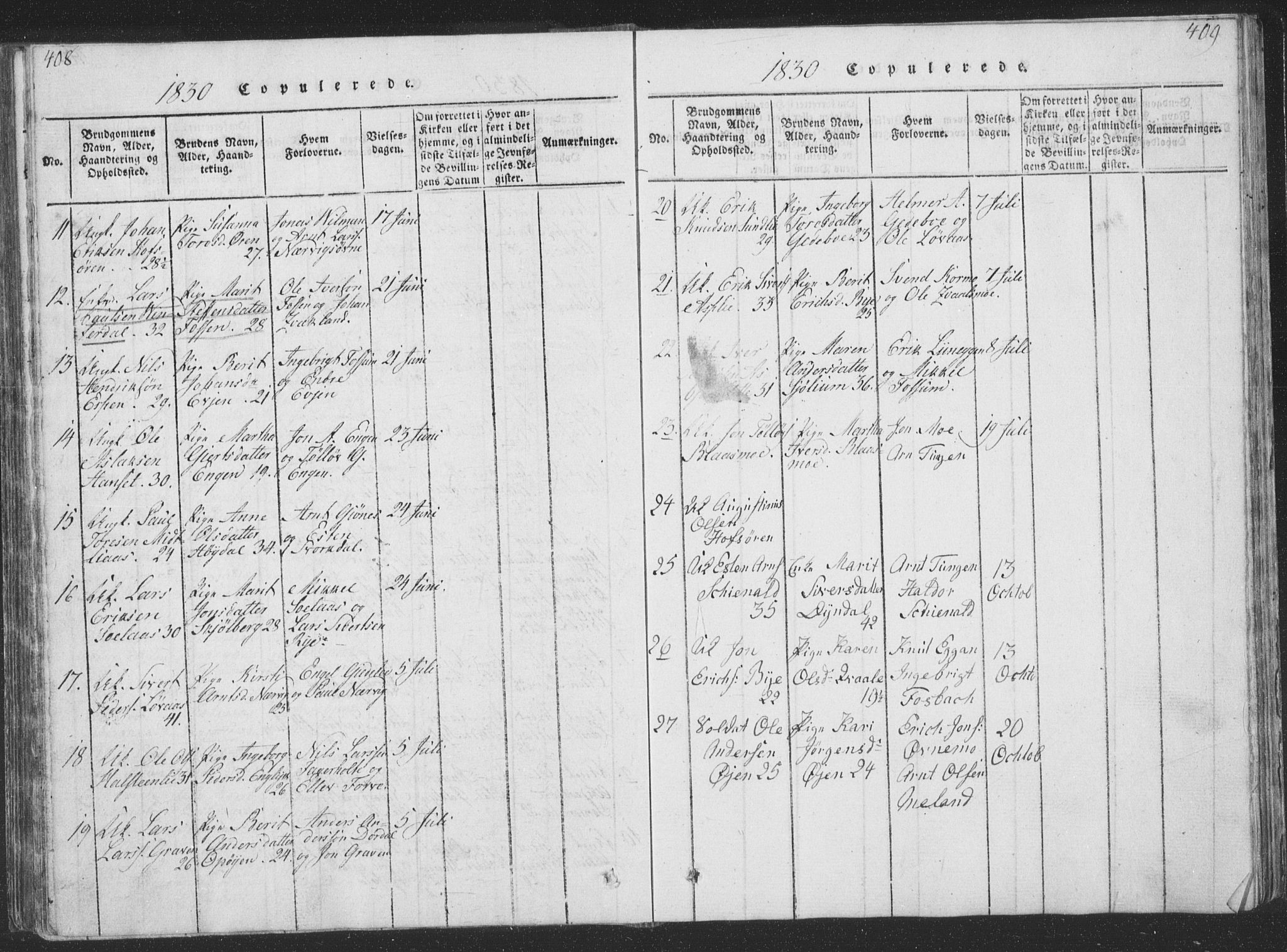 Ministerialprotokoller, klokkerbøker og fødselsregistre - Sør-Trøndelag, SAT/A-1456/668/L0816: Parish register (copy) no. 668C05, 1816-1893, p. 408-409