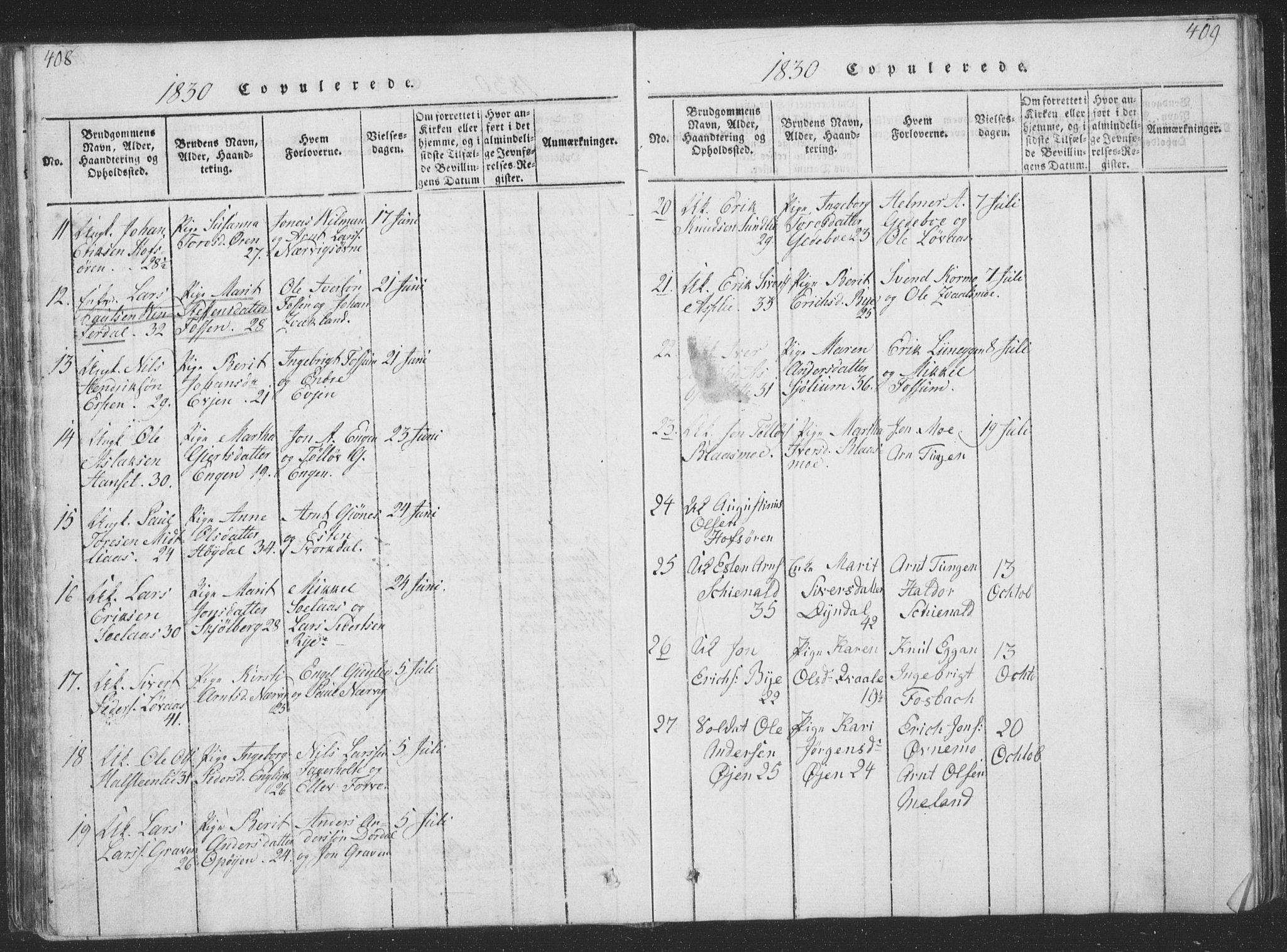 Ministerialprotokoller, klokkerbøker og fødselsregistre - Sør-Trøndelag, AV/SAT-A-1456/668/L0816: Parish register (copy) no. 668C05, 1816-1893, p. 408-409