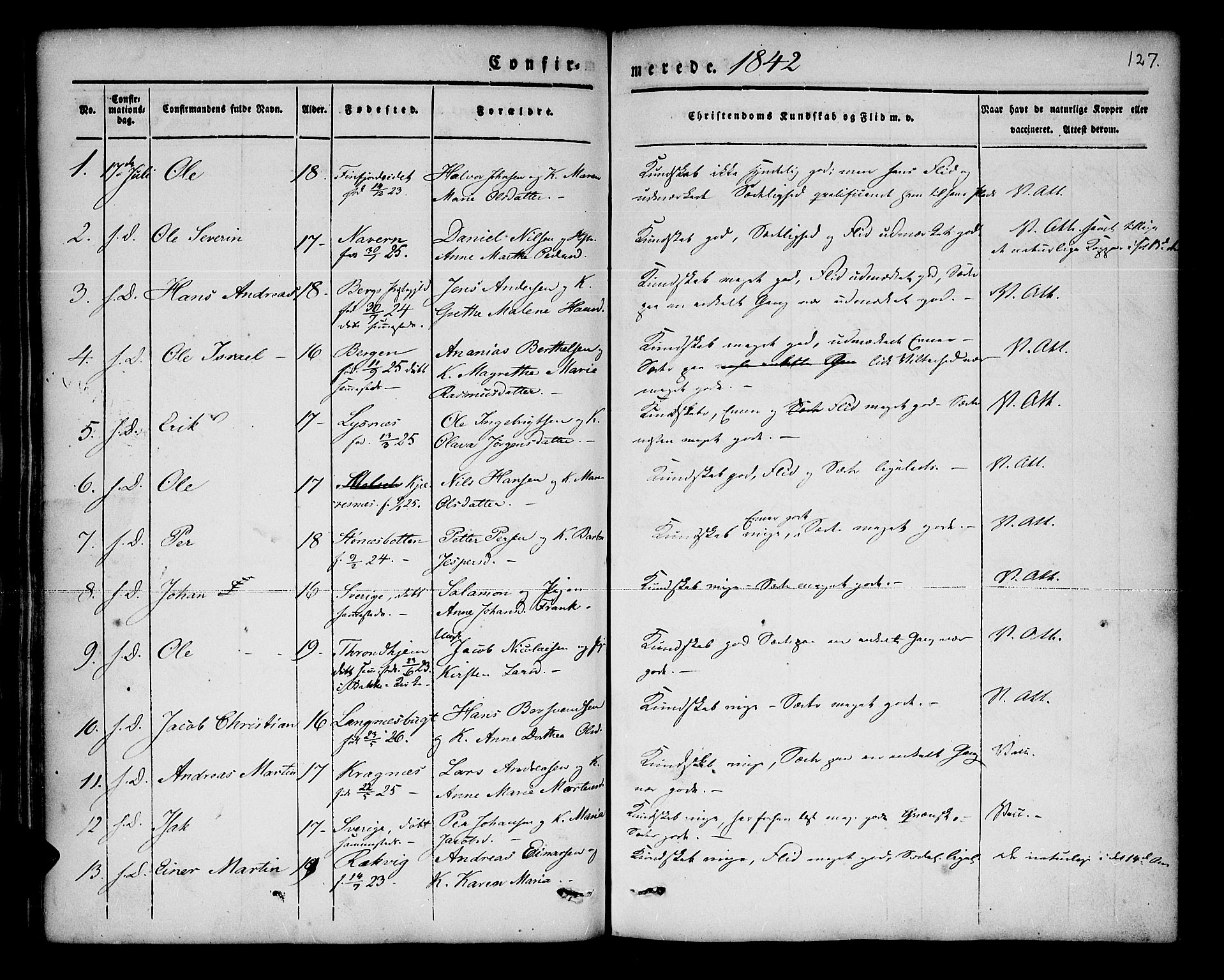 Lenvik sokneprestembete, SATØ/S-1310/H/Ha/Haa/L0004kirke: Parish register (official) no. 4, 1832-1844, p. 127