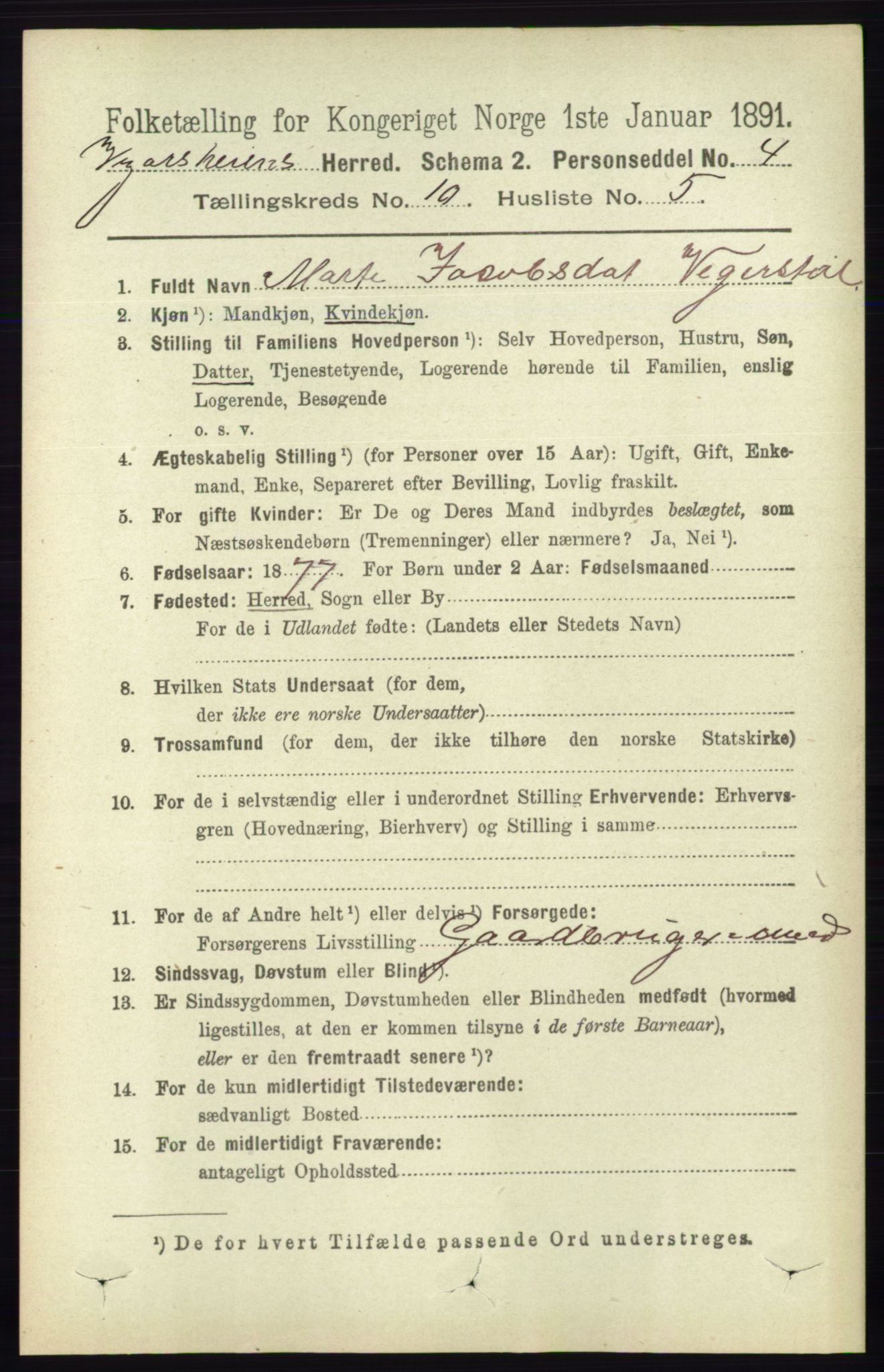 RA, 1891 census for 0912 Vegårshei, 1891, p. 1963