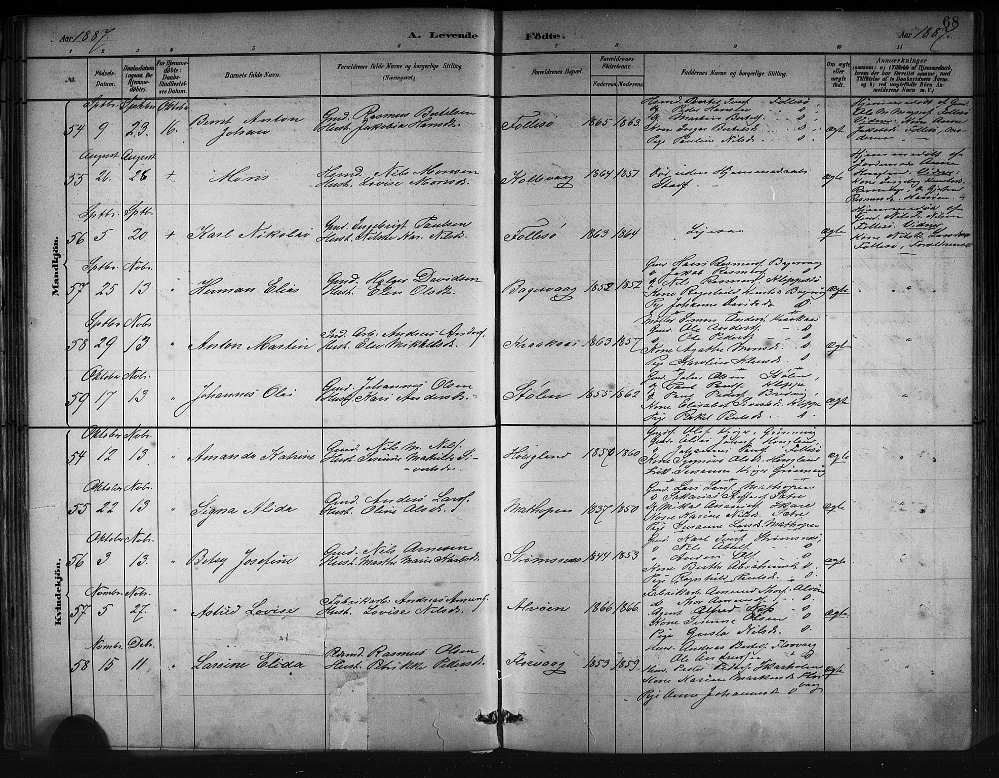Askøy Sokneprestembete, AV/SAB-A-74101/H/Ha/Hab/Haba/L0008: Parish register (copy) no. A 8, 1882-1893, p. 68