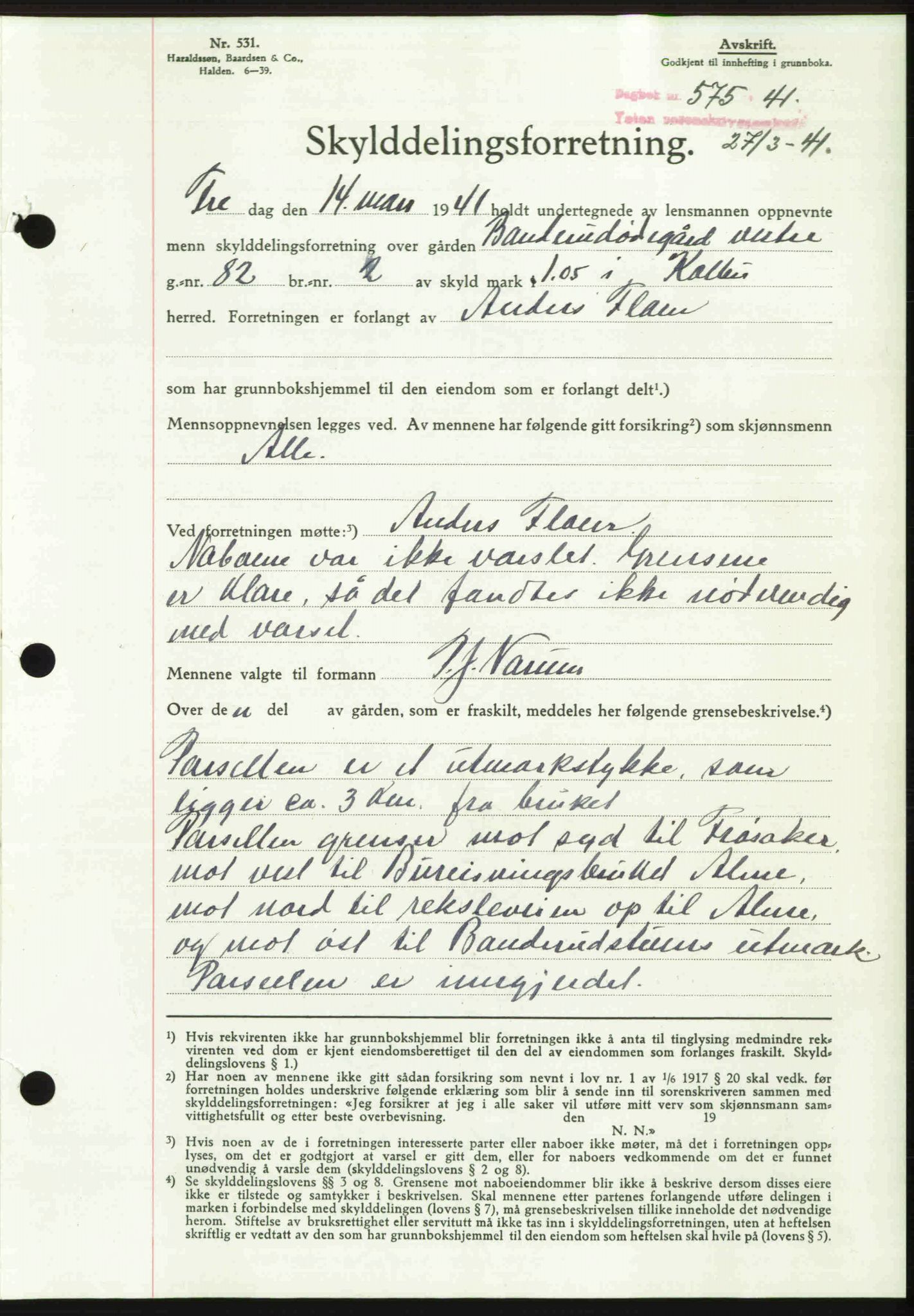 Toten tingrett, SAH/TING-006/H/Hb/Hbc/L0008: Mortgage book no. Hbc-08, 1941-1941, Diary no: : 575/1941