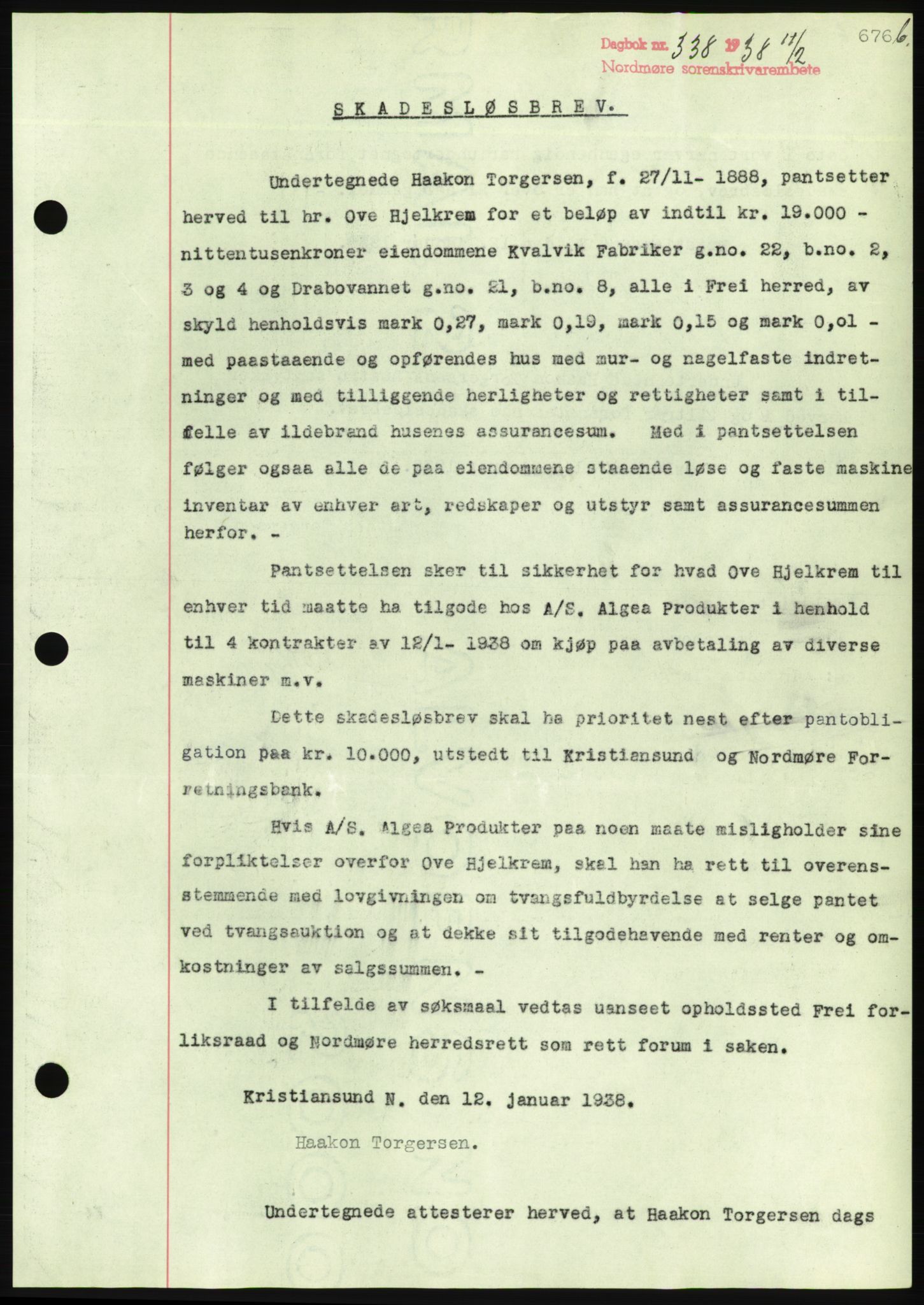 Nordmøre sorenskriveri, AV/SAT-A-4132/1/2/2Ca/L0092: Mortgage book no. B82, 1937-1938, Diary no: : 338/1938