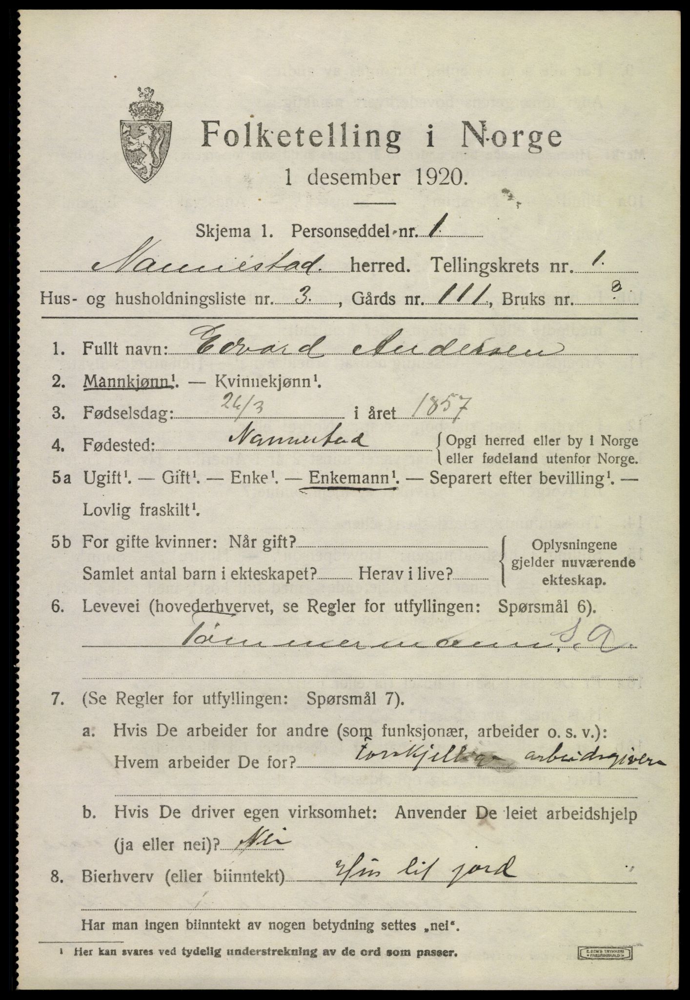 SAO, 1920 census for Nannestad, 1920, p. 1629