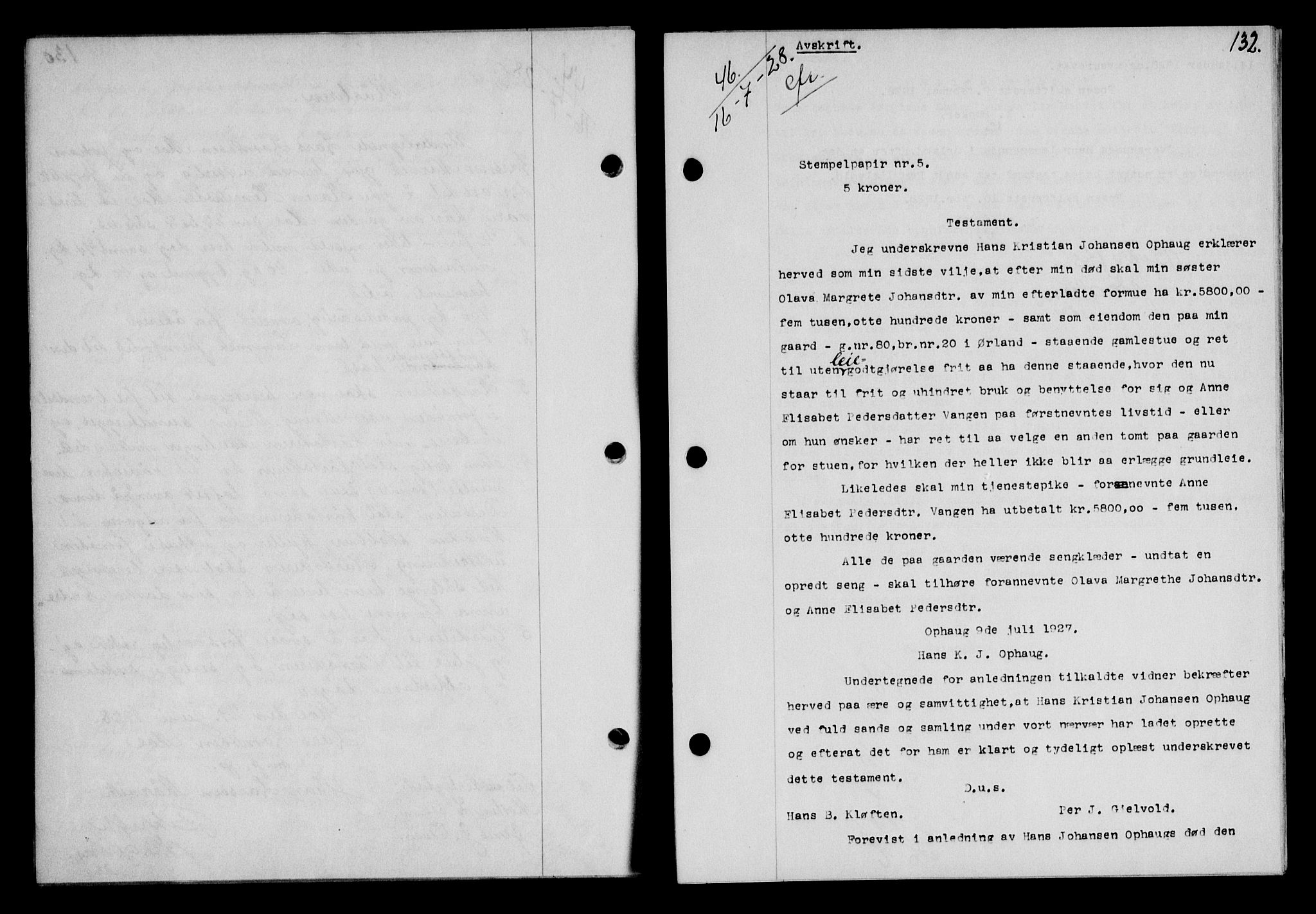 Fosen sorenskriveri, AV/SAT-A-1107/1/2/2C/L0067: Mortgage book no. 58, 1928-1929, p. 132, Deed date: 16.07.1928